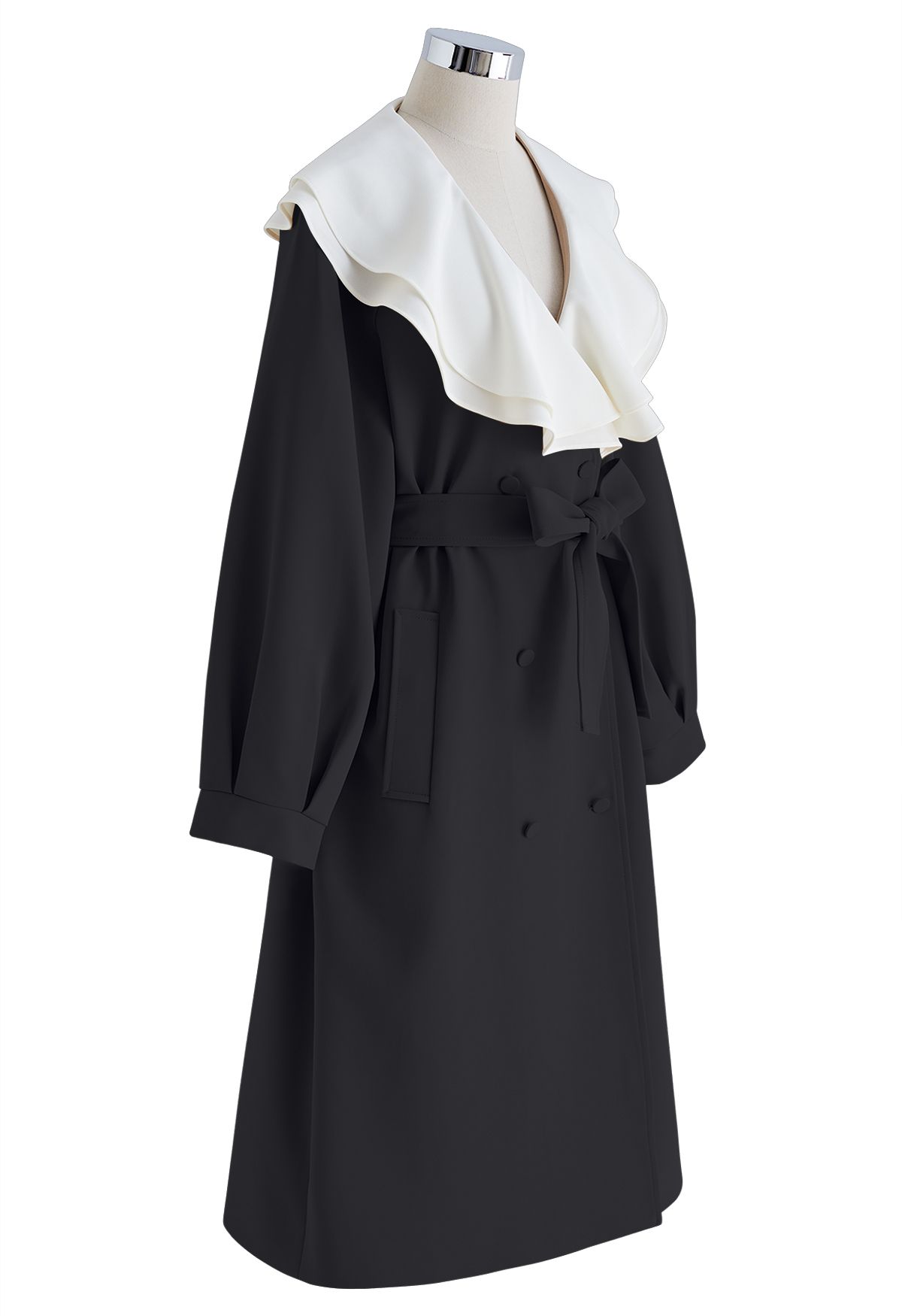 Ruffle Neck Double-Breasted Trench Dress in Black