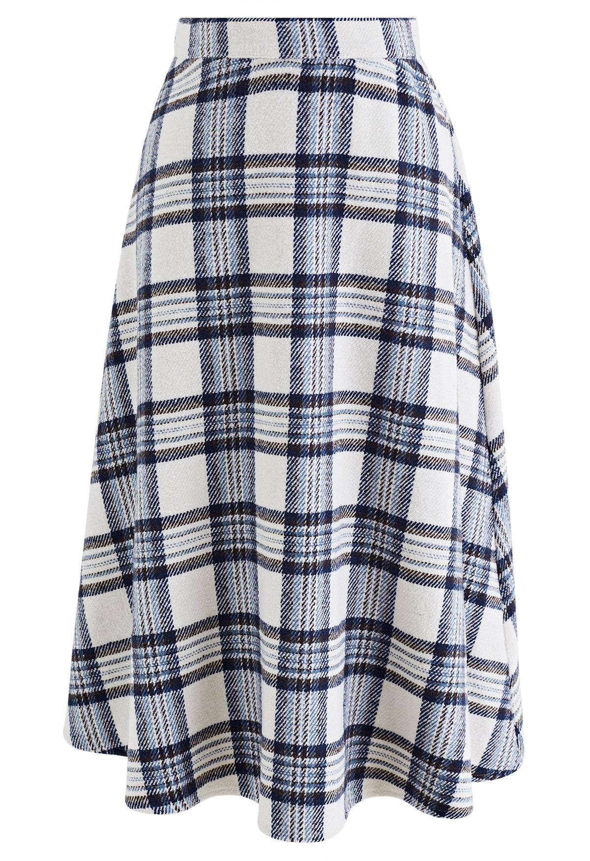 Plaid Wool-Blend Midi Skirt in Ivory