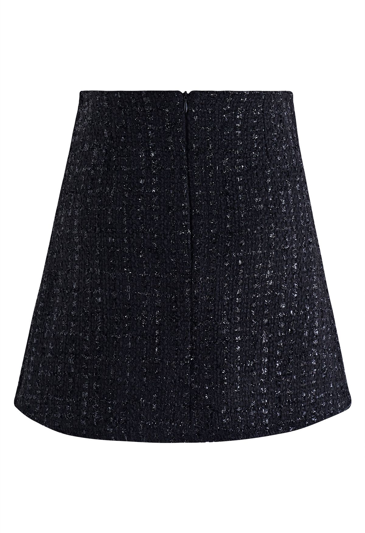 Double-Breasted Pleated Tweed Mini Skirt in Black