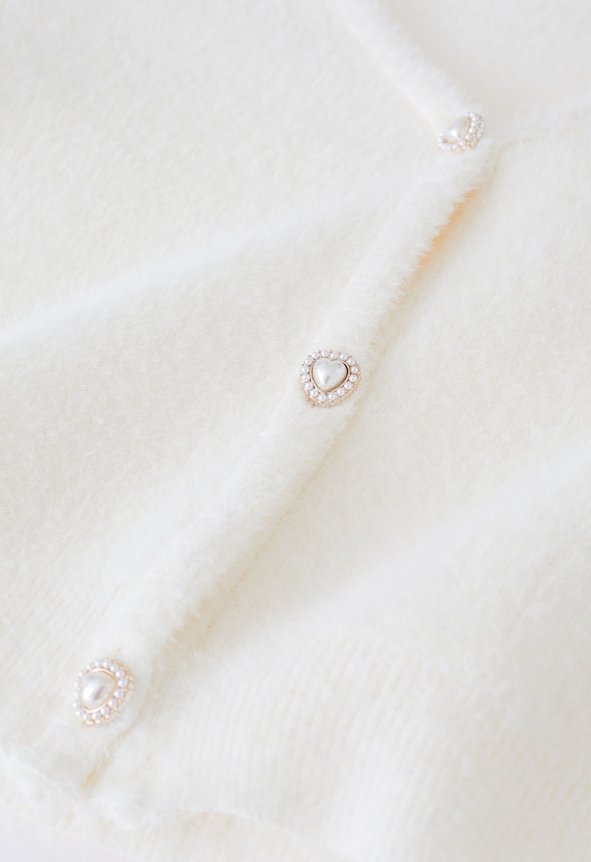 Heart-Shape Button Fuzzy Crop Cardigan in White