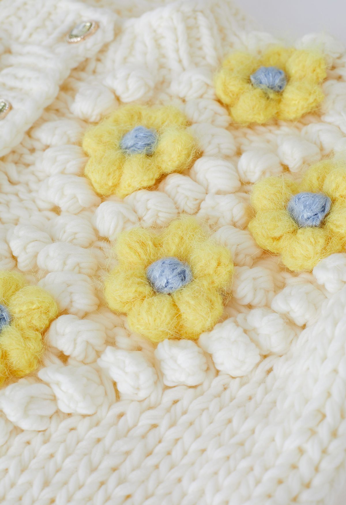 Yellow Stitch Flower Pom-Pom Knit Cardigan