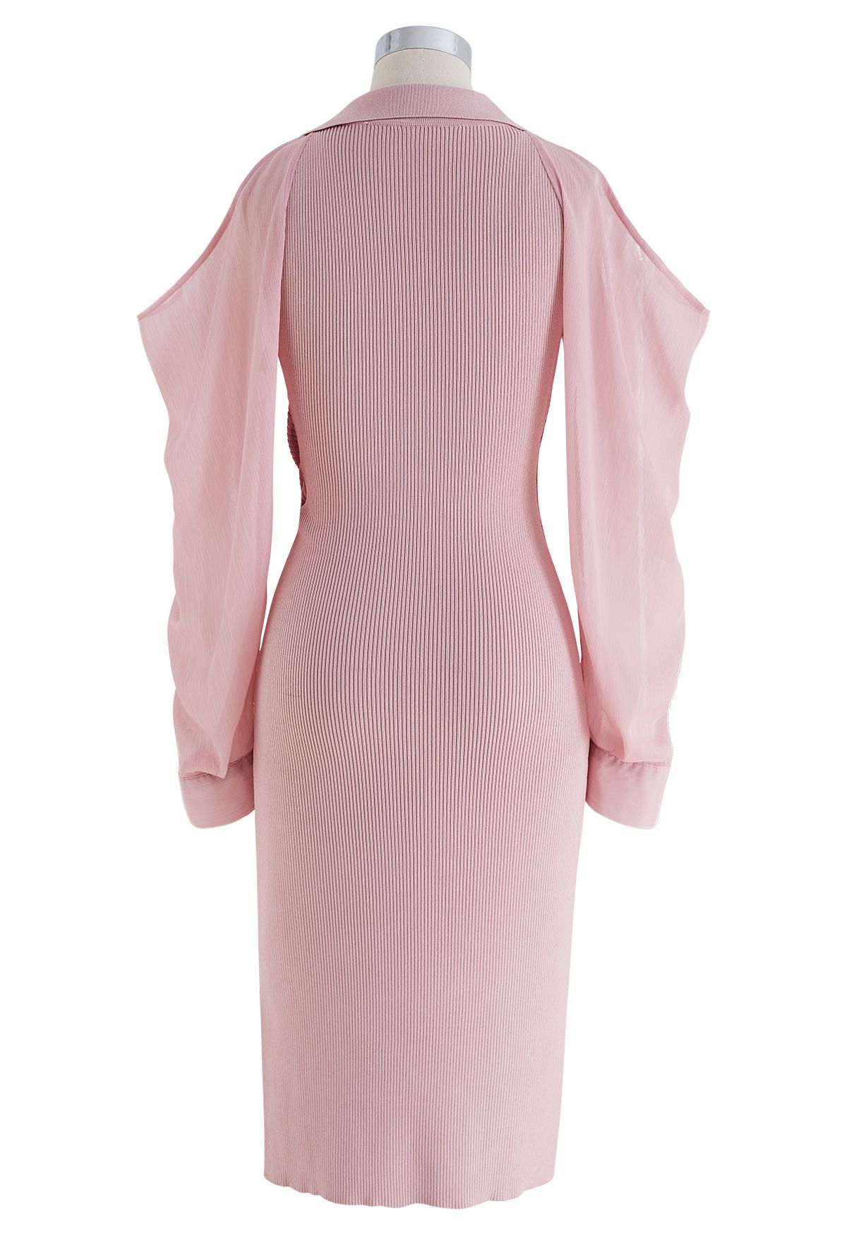 Sheer Sleeve Cold-Shoulder Bodycon Knit Dress in Pink