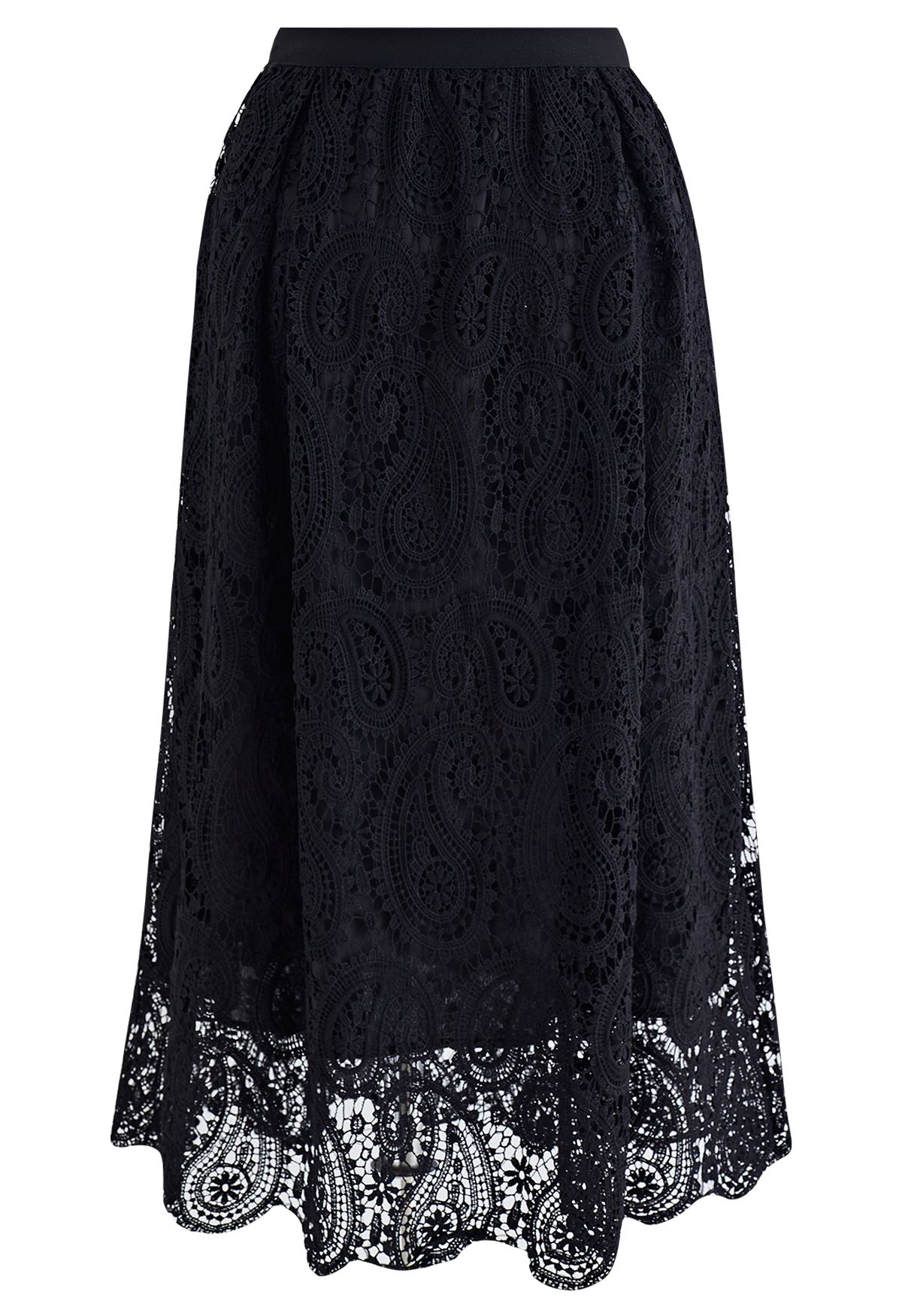 Graceful Paisley Crochet Midi Skirt in Black