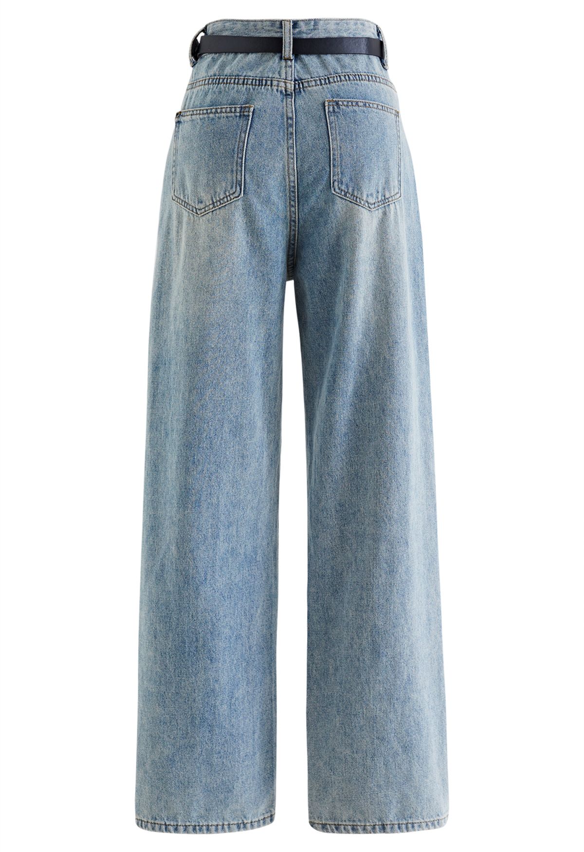 Distressed Straight-Leg Belted Jeans in Blue