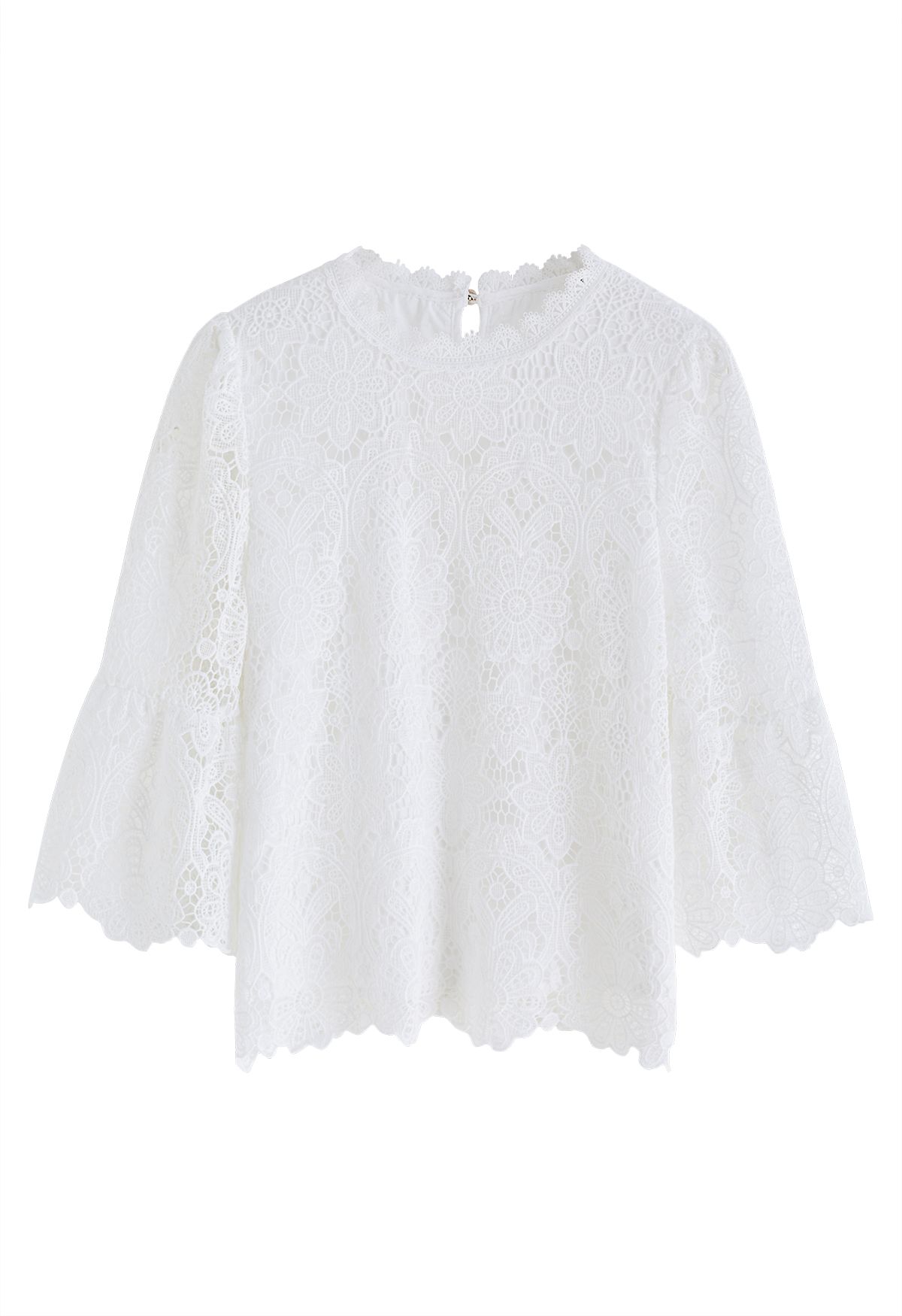 Fancy Flower Cutwork Flare Sleeves Top in White