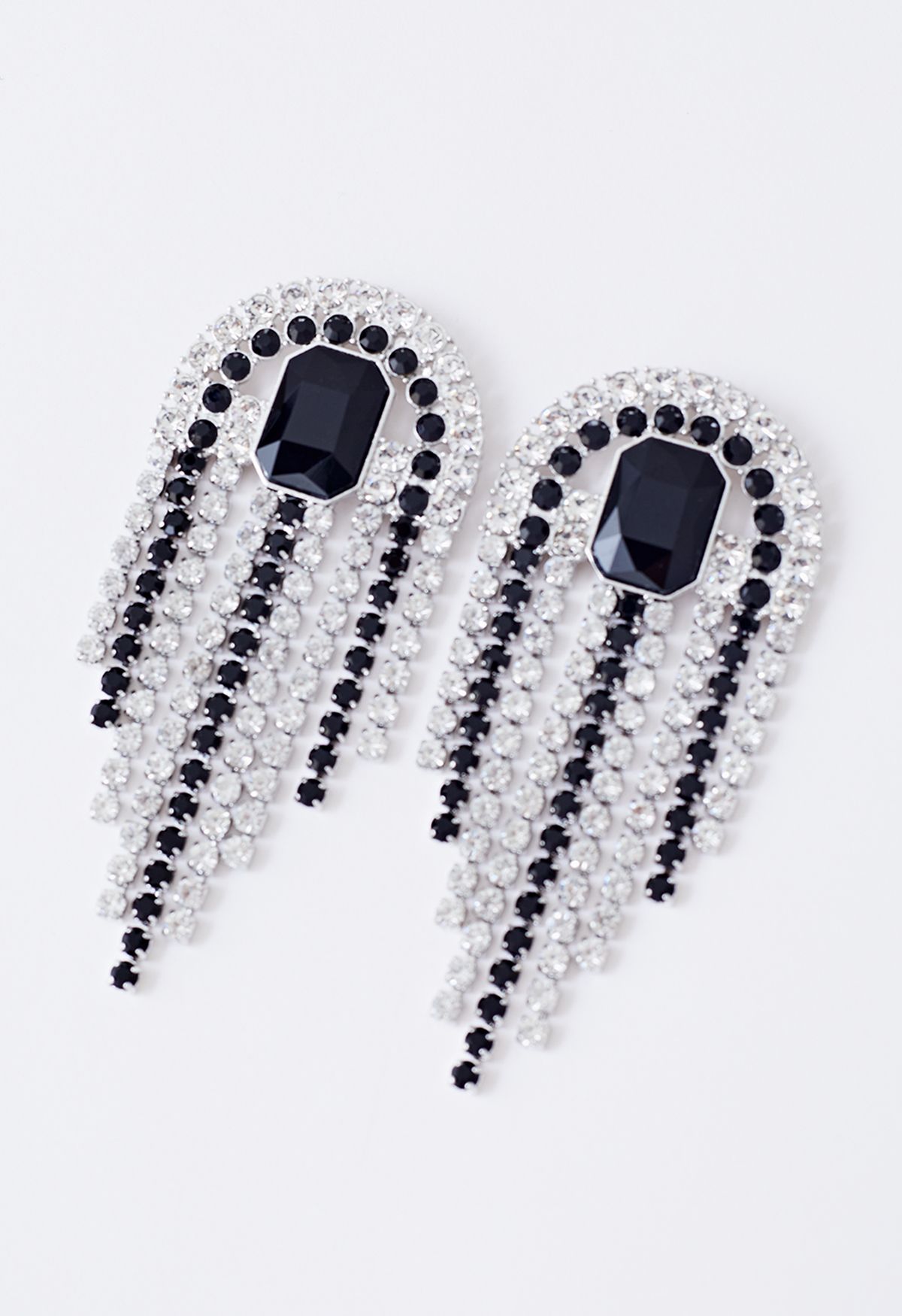 Emerald Cut Gem Diamond Tassel Earrings in Black