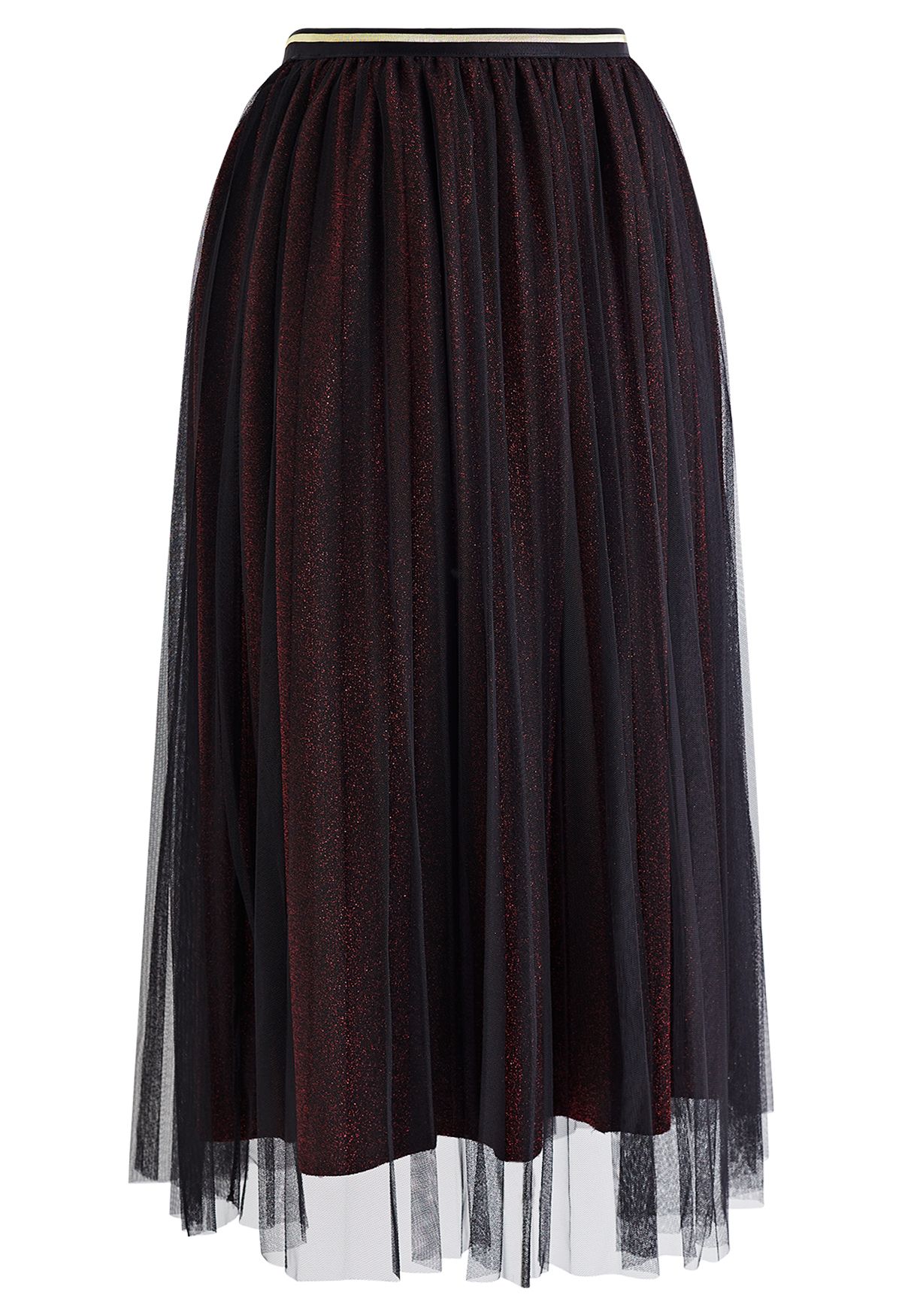 Glimmering Pleated Mesh Midi Skirt in Red