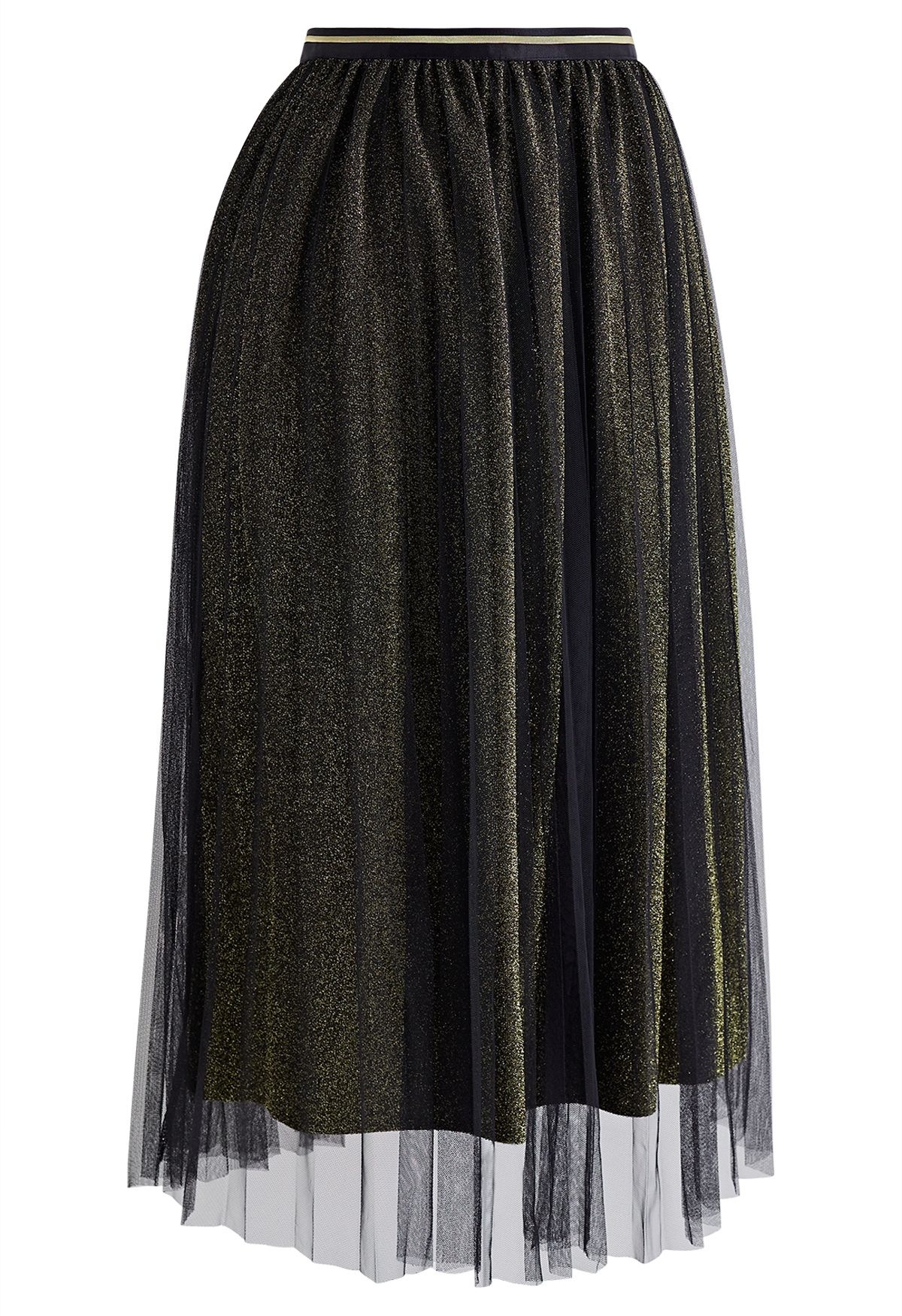 Glimmering Pleated Mesh Midi Skirt in Gold