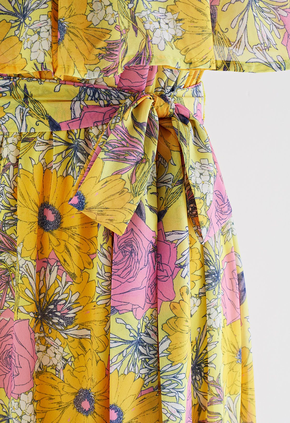 Flower Field Ruffled Overlay Off-Shoulder Maxi Dress
