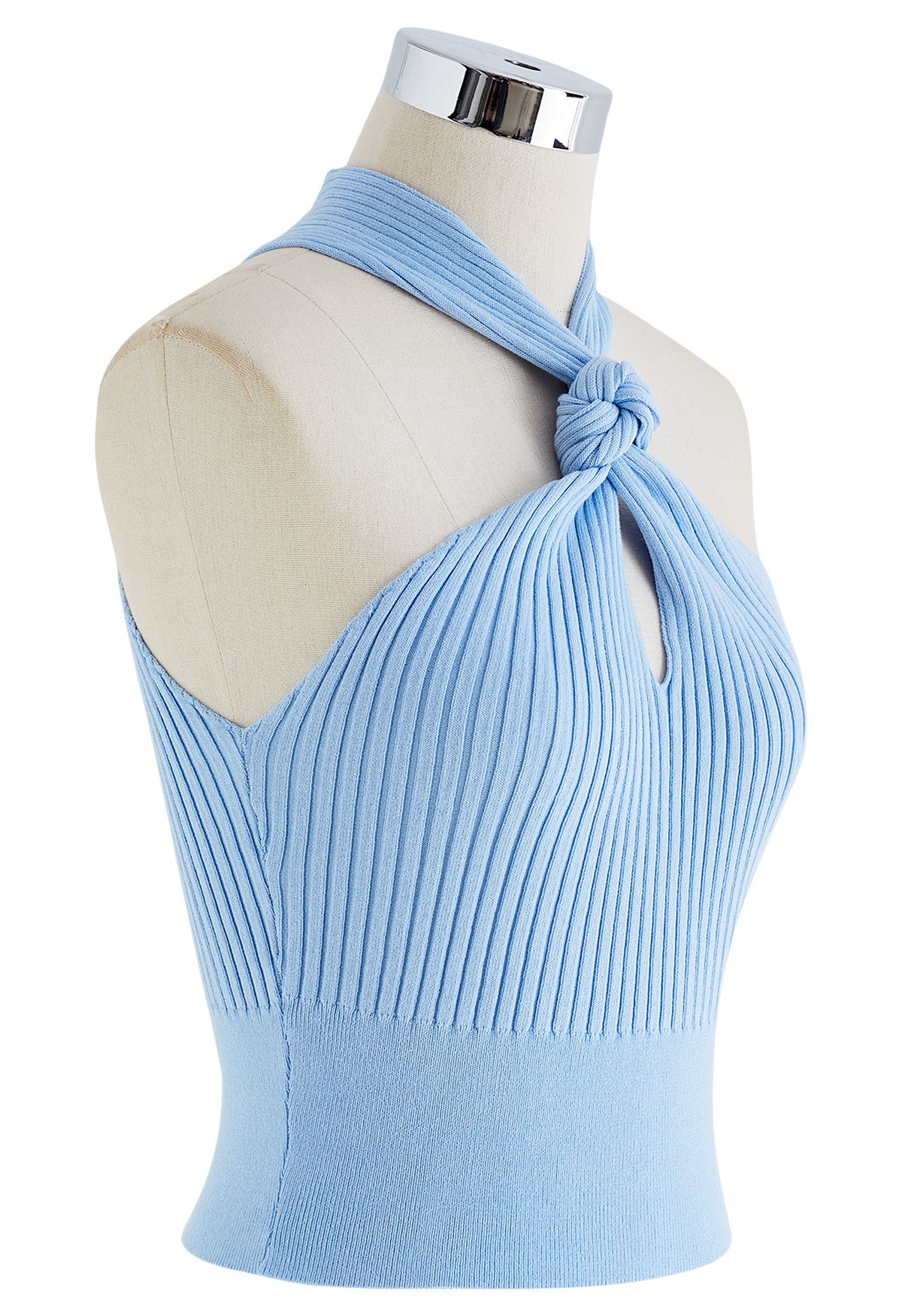 Knot Halter Neck Knit Crop Top in Blue