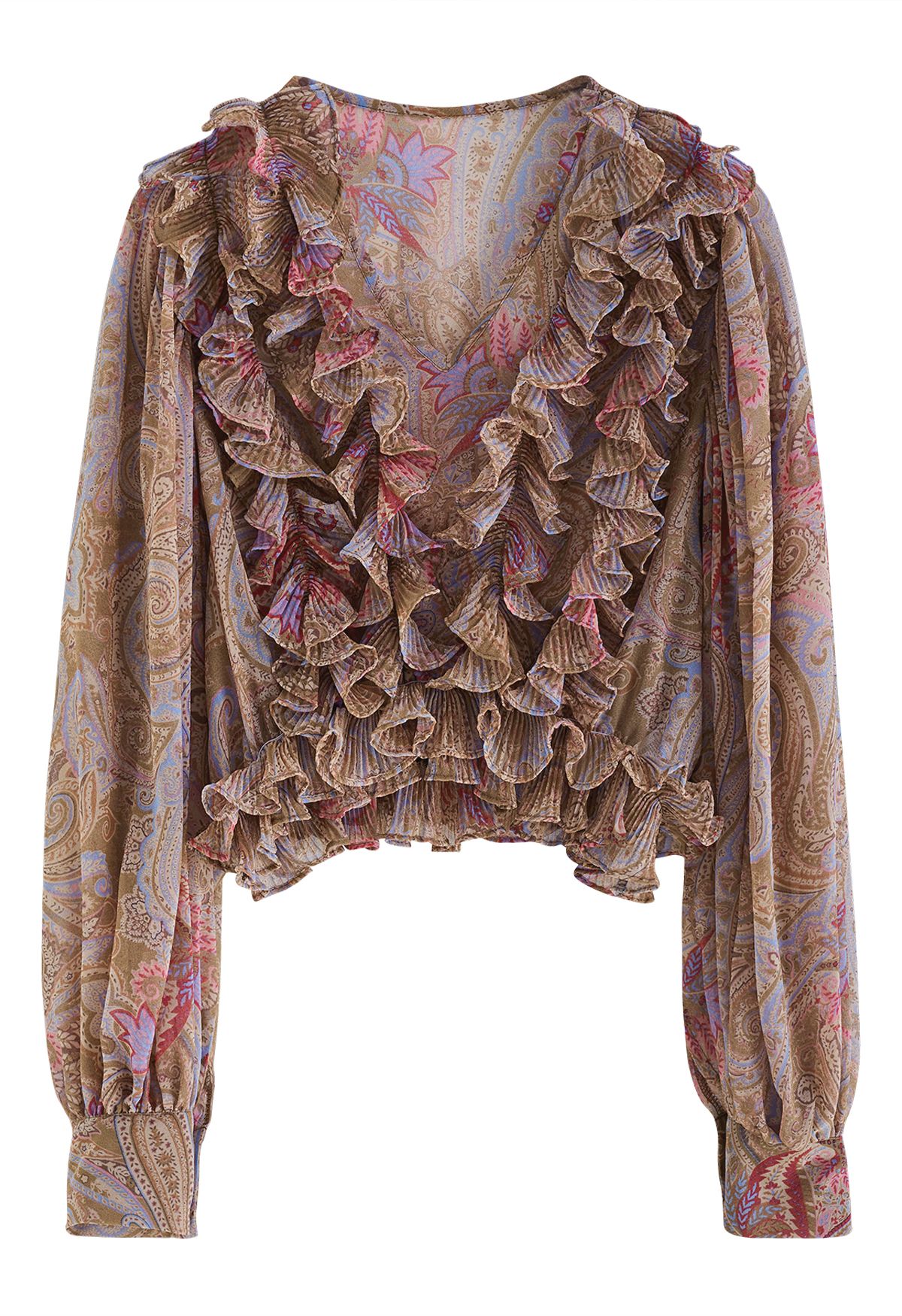 Fluttering Ruffle Semi-Sheer Crop Top in Pink Paisley