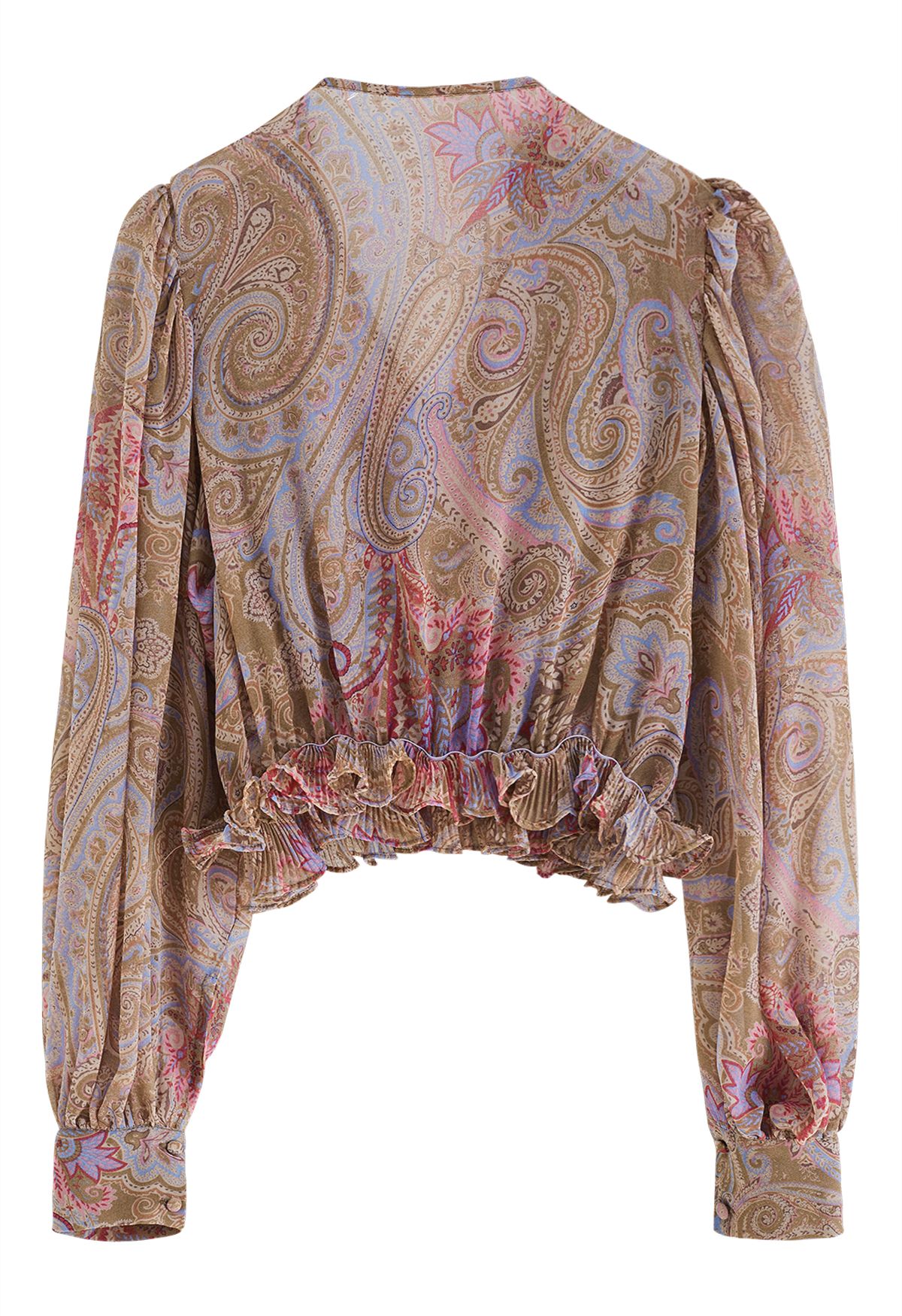 Fluttering Ruffle Semi-Sheer Crop Top in Pink Paisley