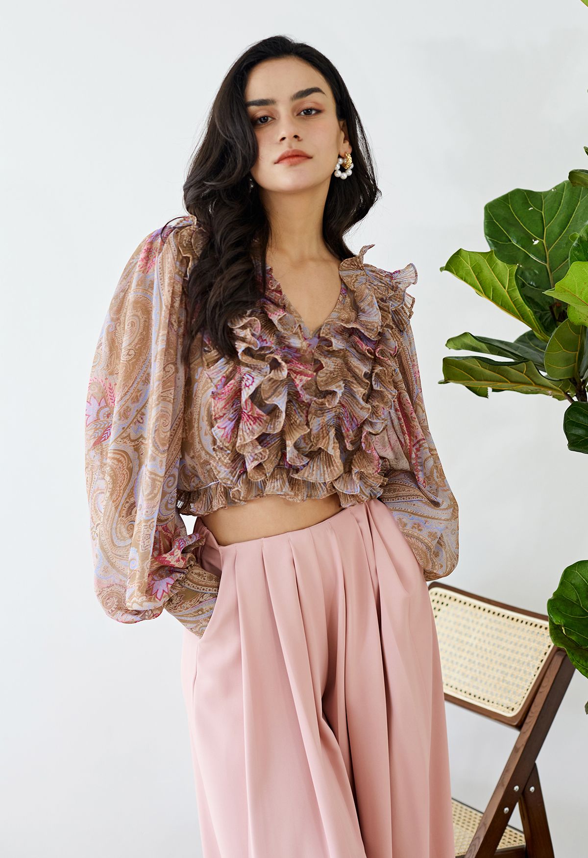 Fluttering Ruffle Semi-Sheer Crop Top in Pink Paisley