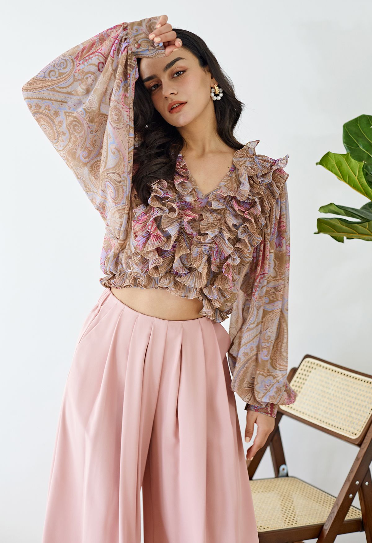 Fluttering Ruffle Semi-Sheer Crop Top in Pink Paisley