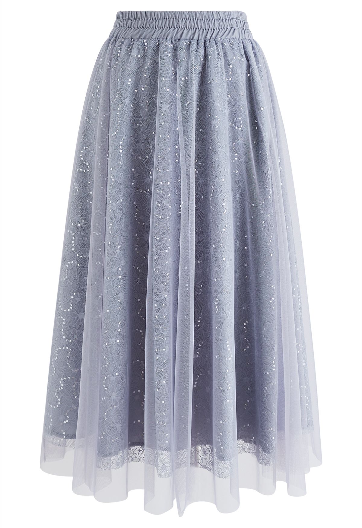 Sequined Floral Lace Mesh Tulle Skirt in Grey