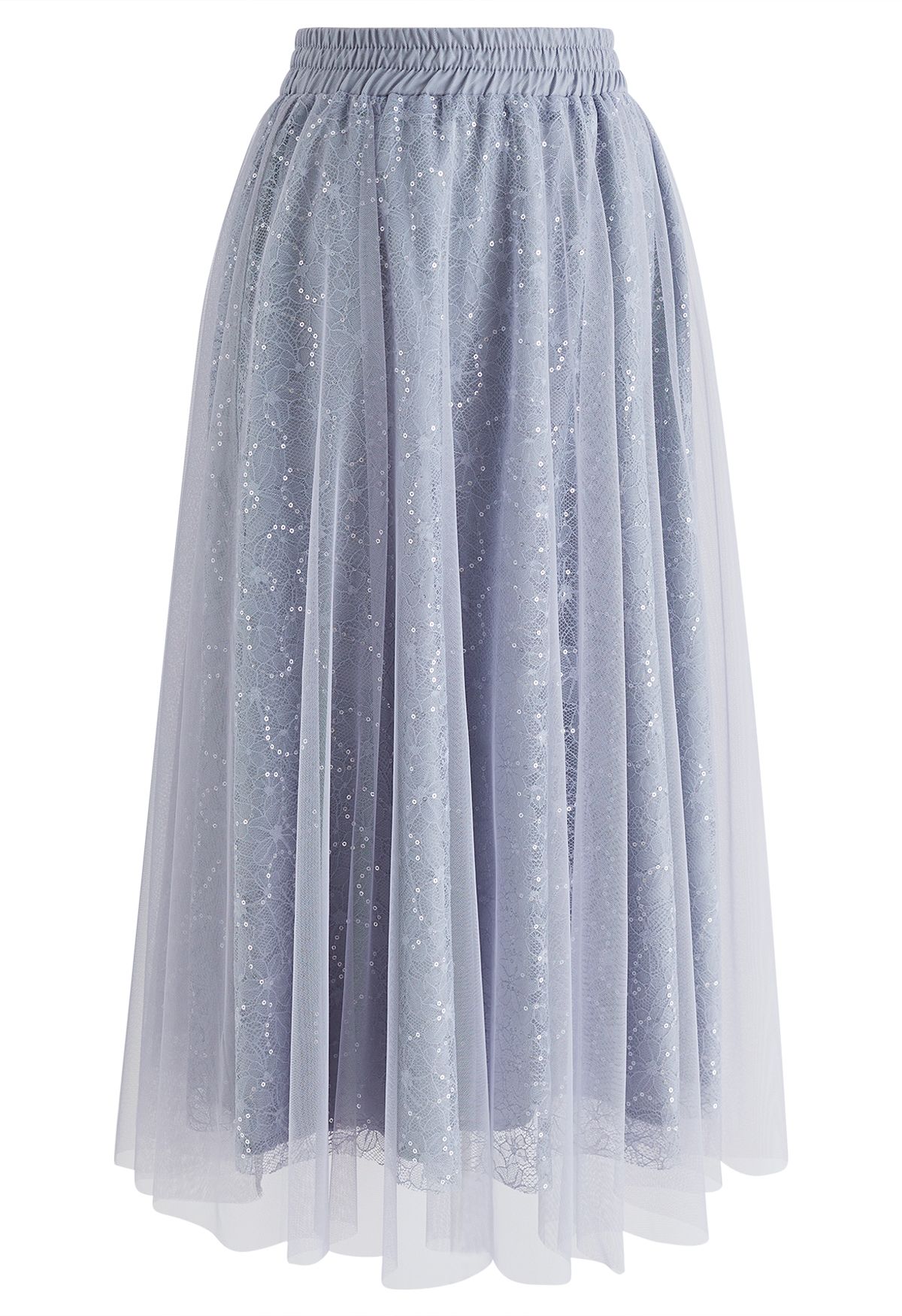 Sequined Floral Lace Mesh Tulle Skirt in Grey