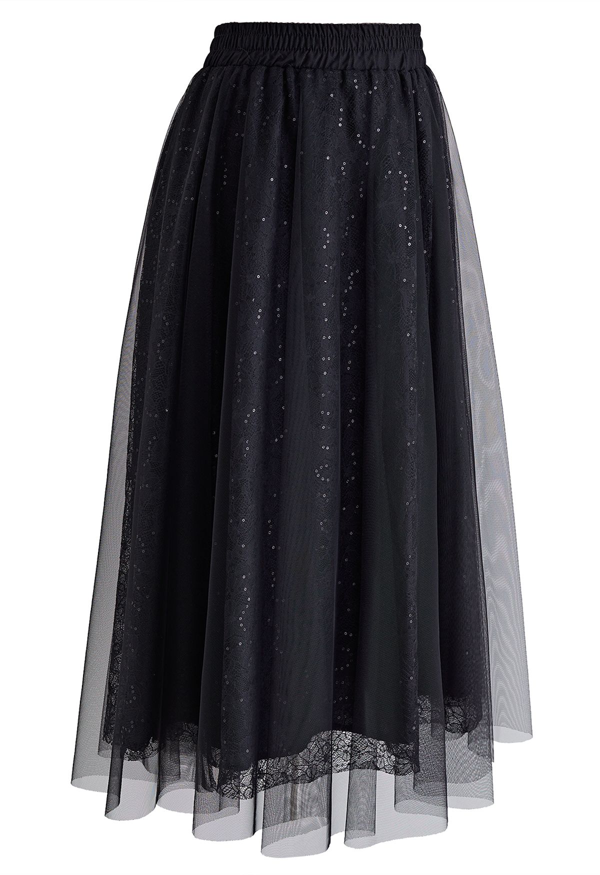 Sequined Floral Lace Mesh Tulle Skirt in Black