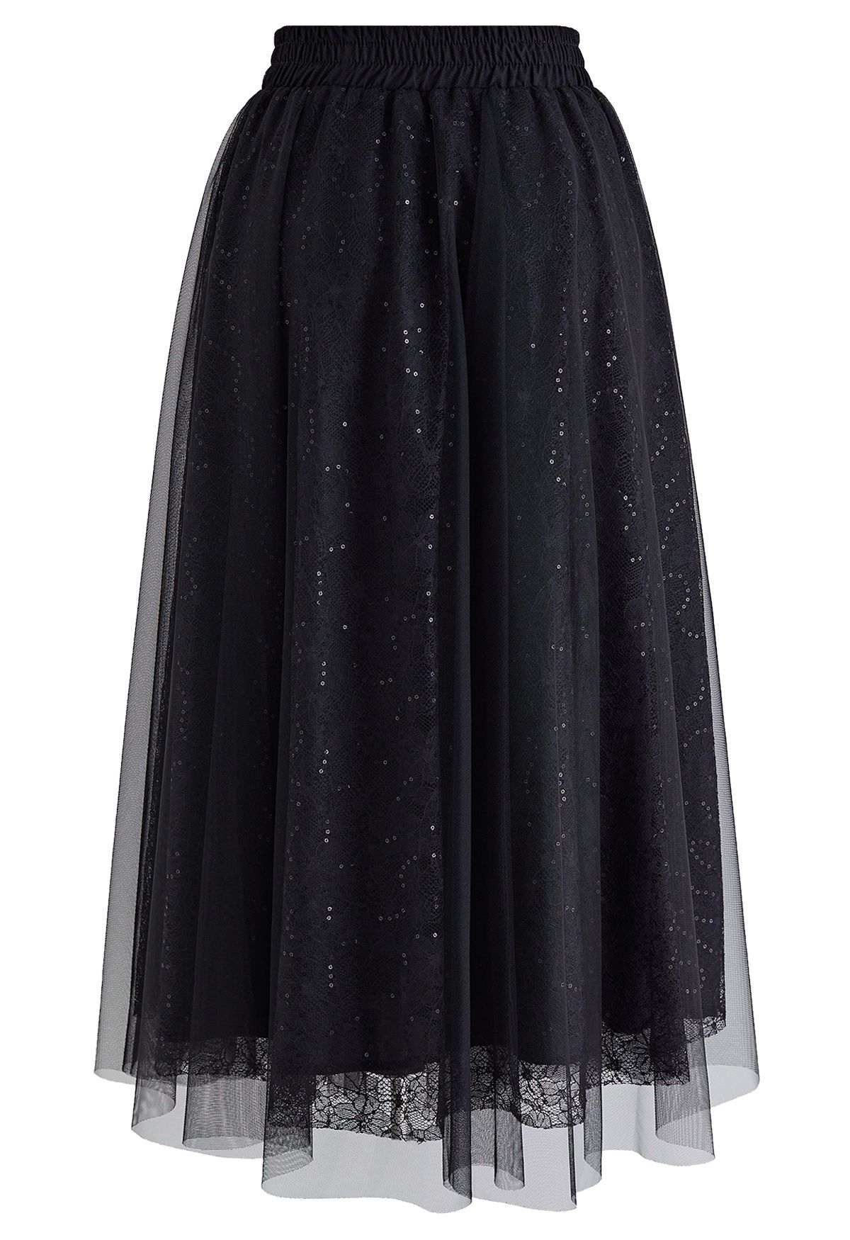 Sequined Floral Lace Mesh Tulle Skirt in Black