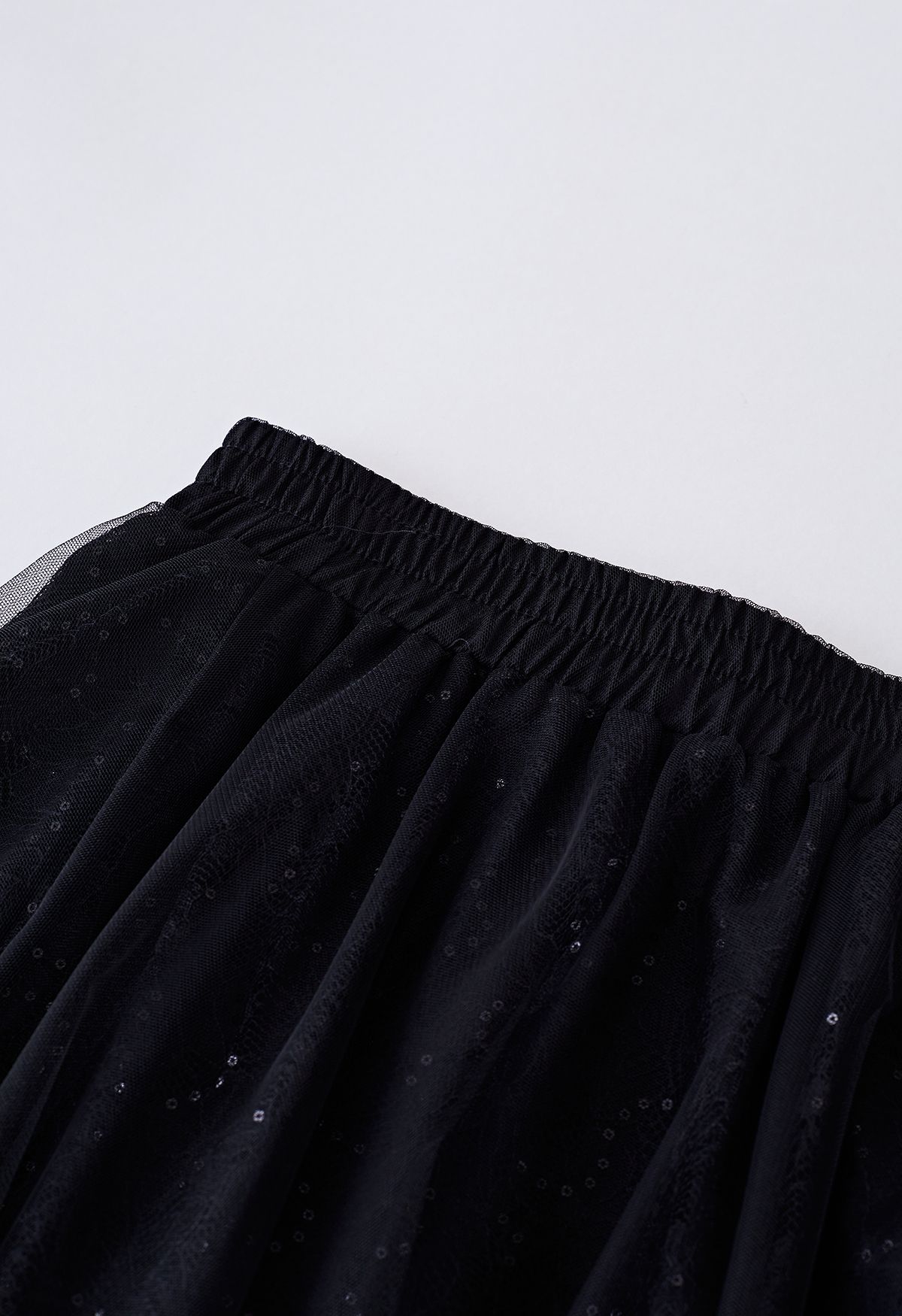 Sequined Floral Lace Mesh Tulle Skirt in Black