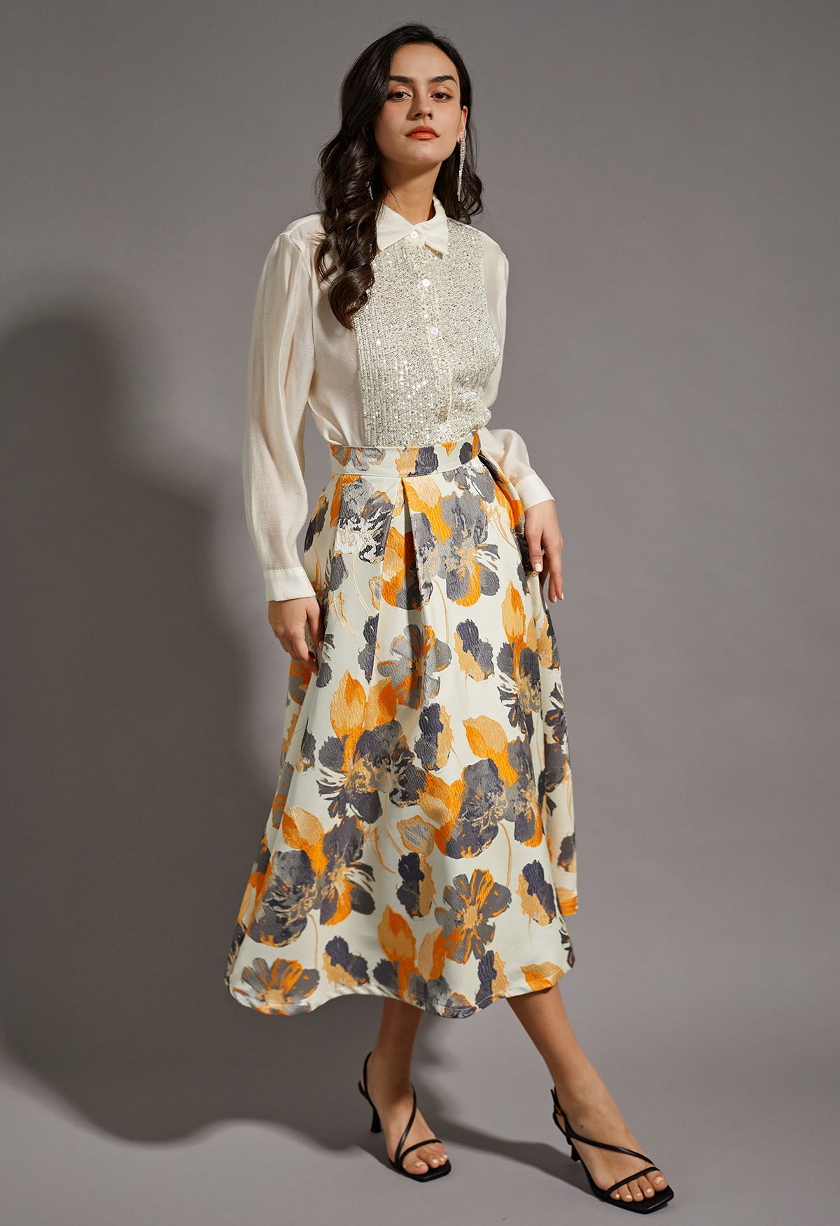 Brilliant Blossom Jacquard Flare Midi Skirt