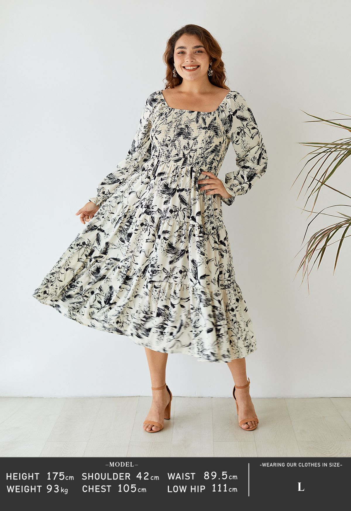 Inky Botanical Print Square Neck Midi Dress