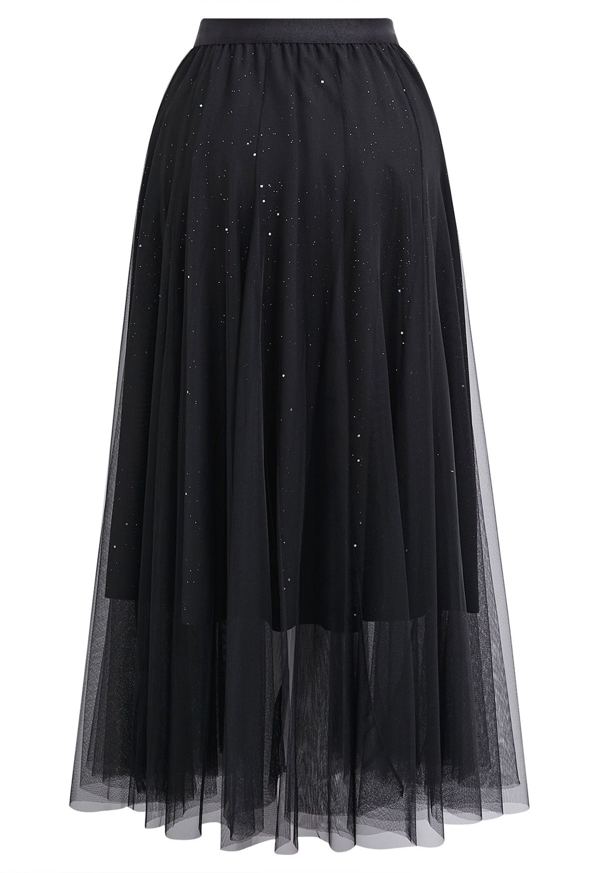 Venus Glitter Mesh Tulle Midi Skirt in Black