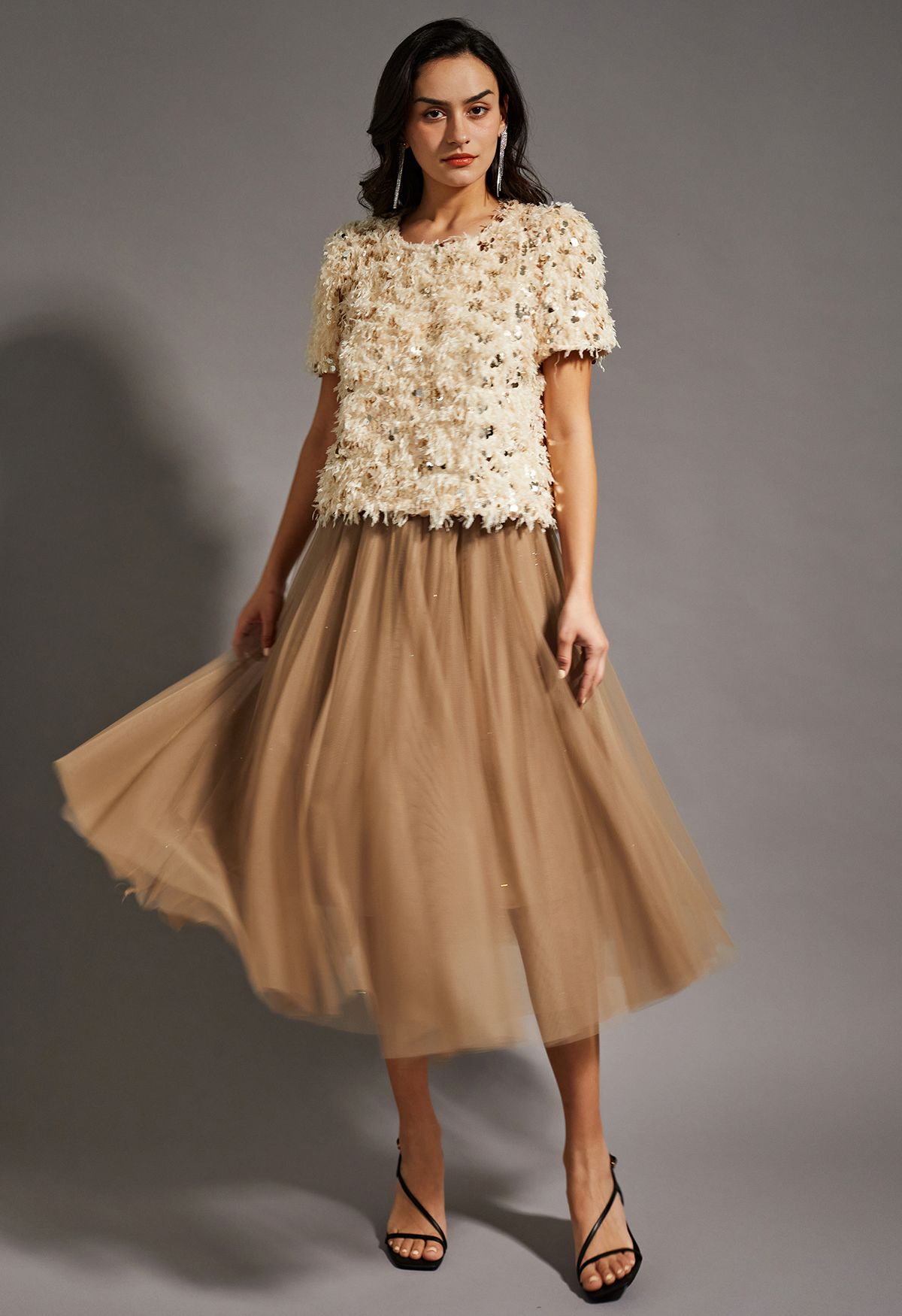 Venus Glitter Mesh Tulle Midi Skirt in Caramel