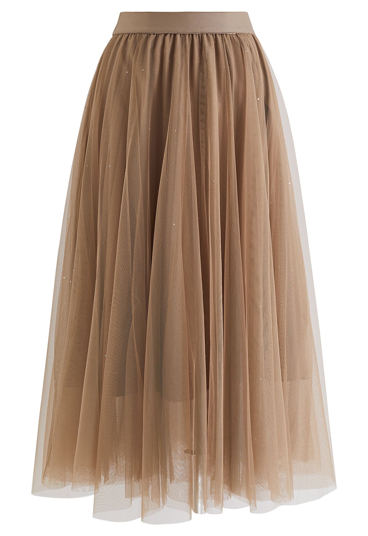 Venus Glitter Mesh Tulle Midi Skirt in Caramel