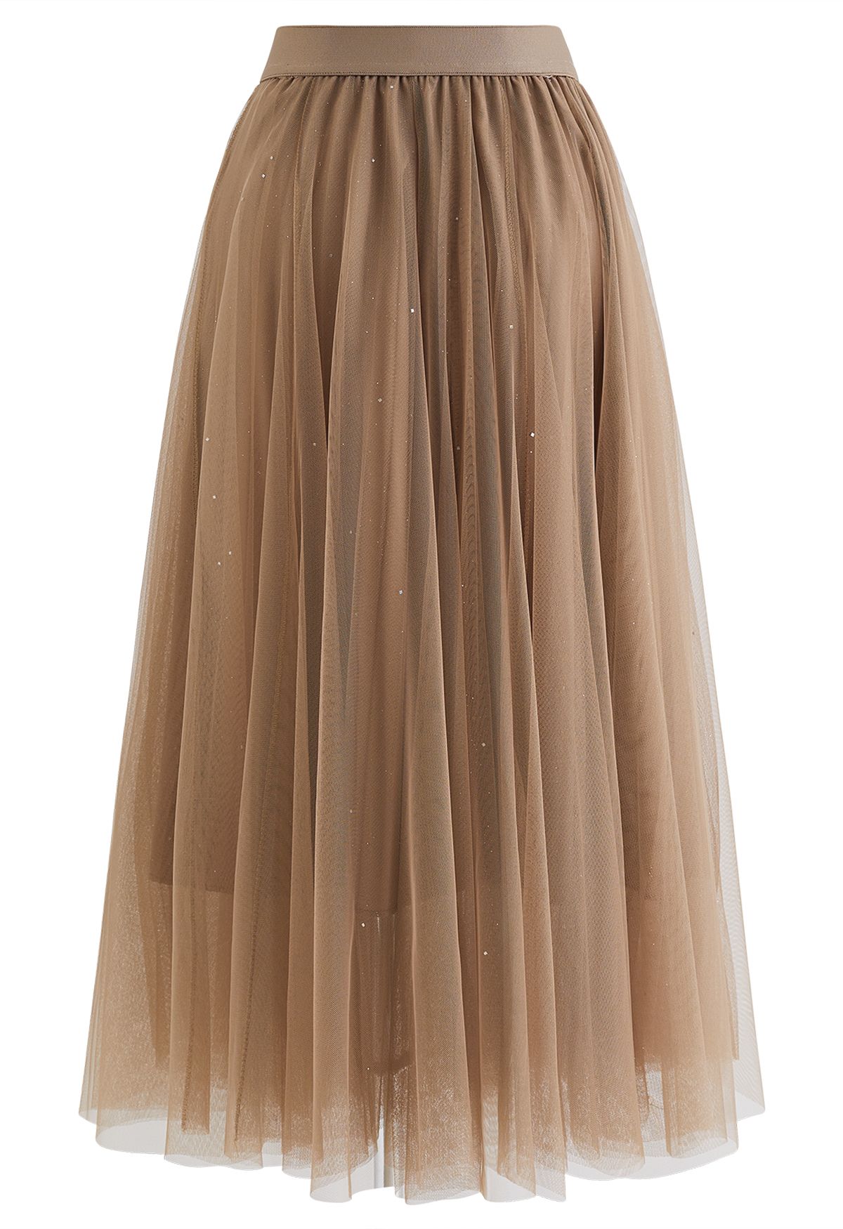 Venus Glitter Mesh Tulle Midi Skirt in Caramel