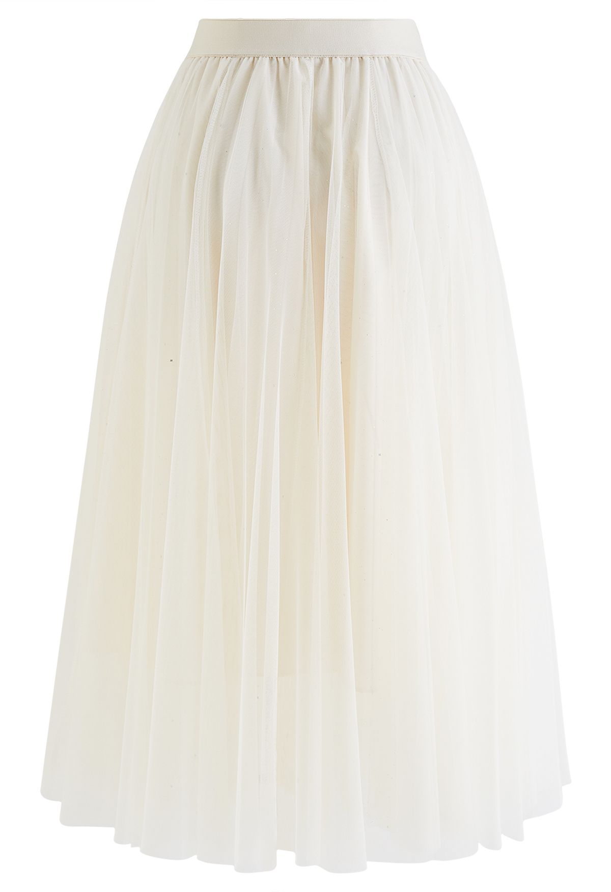 Venus Glitter Mesh Tulle Midi Skirt in Cream