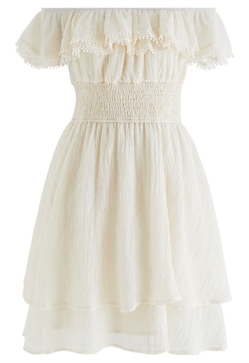 Off-Shoulder Tiered Ruffle Shirred Dress