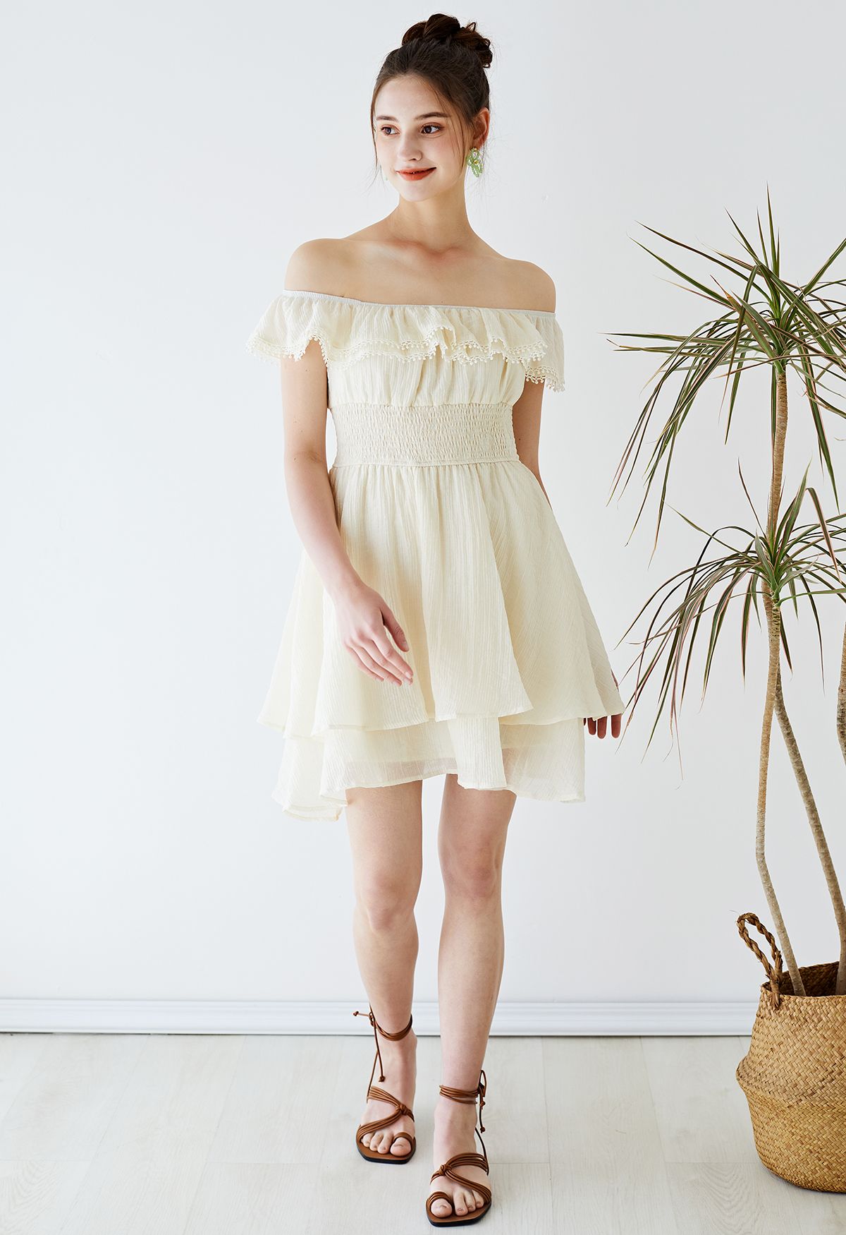 Off-Shoulder Tiered Ruffle Shirred Dress