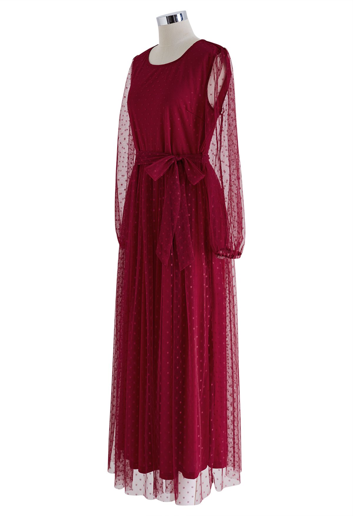 Lovely Dotted Mesh Maxi Dress in Red