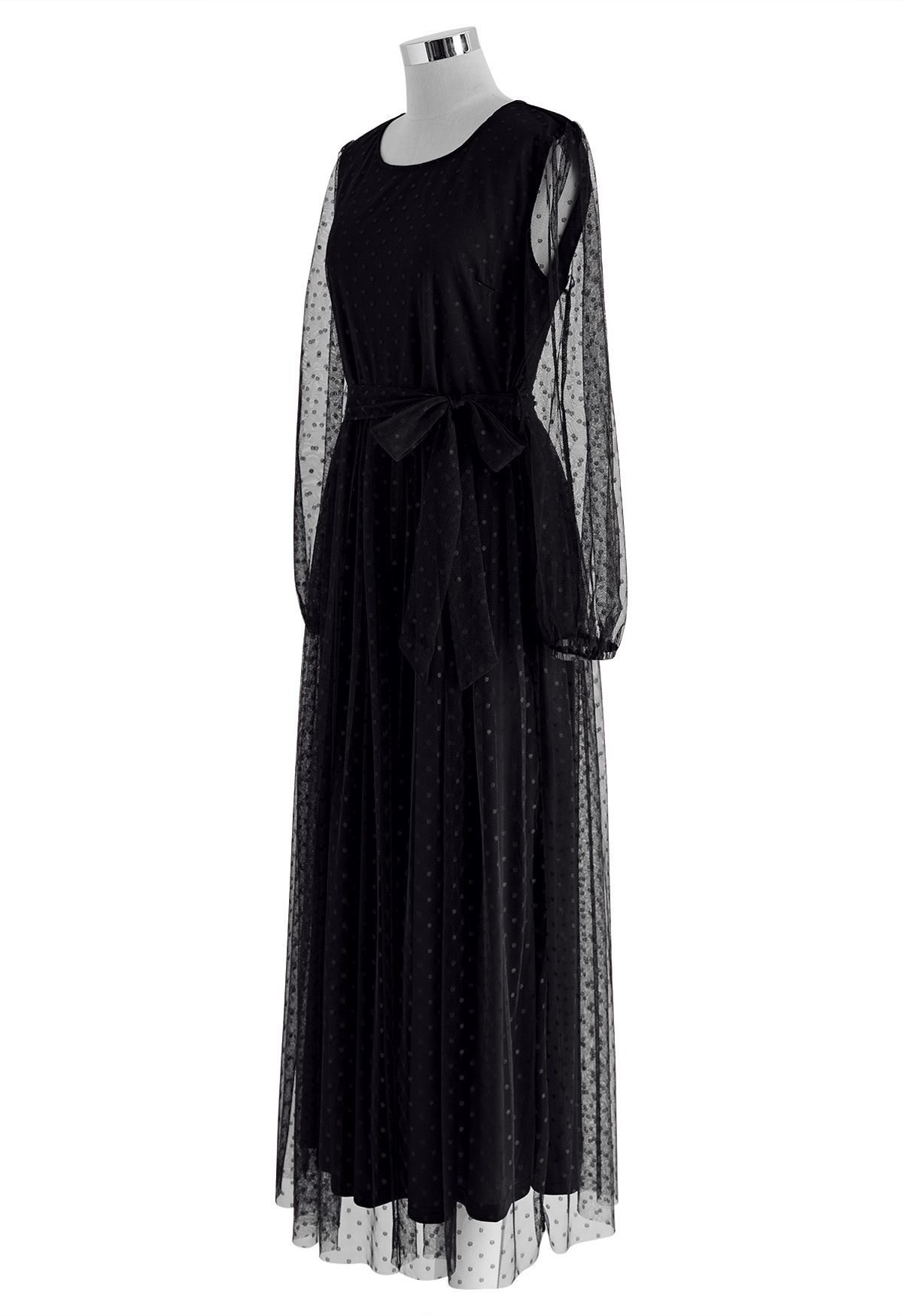 Lovely Dotted Mesh Maxi Dress in Black