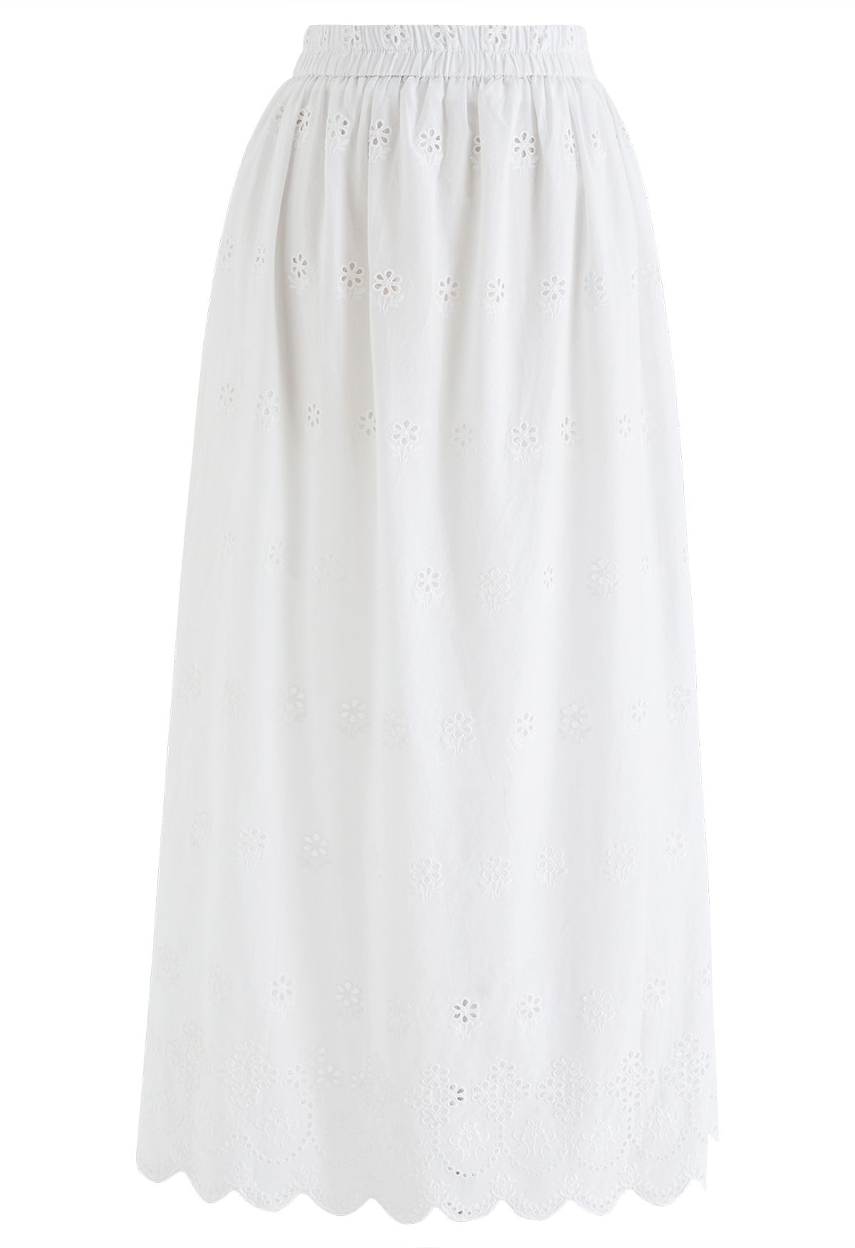 Side Slit Floret Embroidered Eyelet Maxi Skirt in White