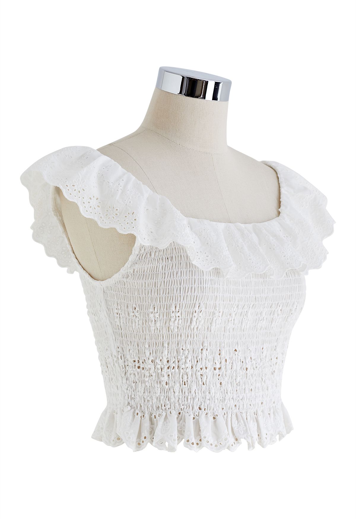 Floret Embroidered Eyelet Shirred Top in White