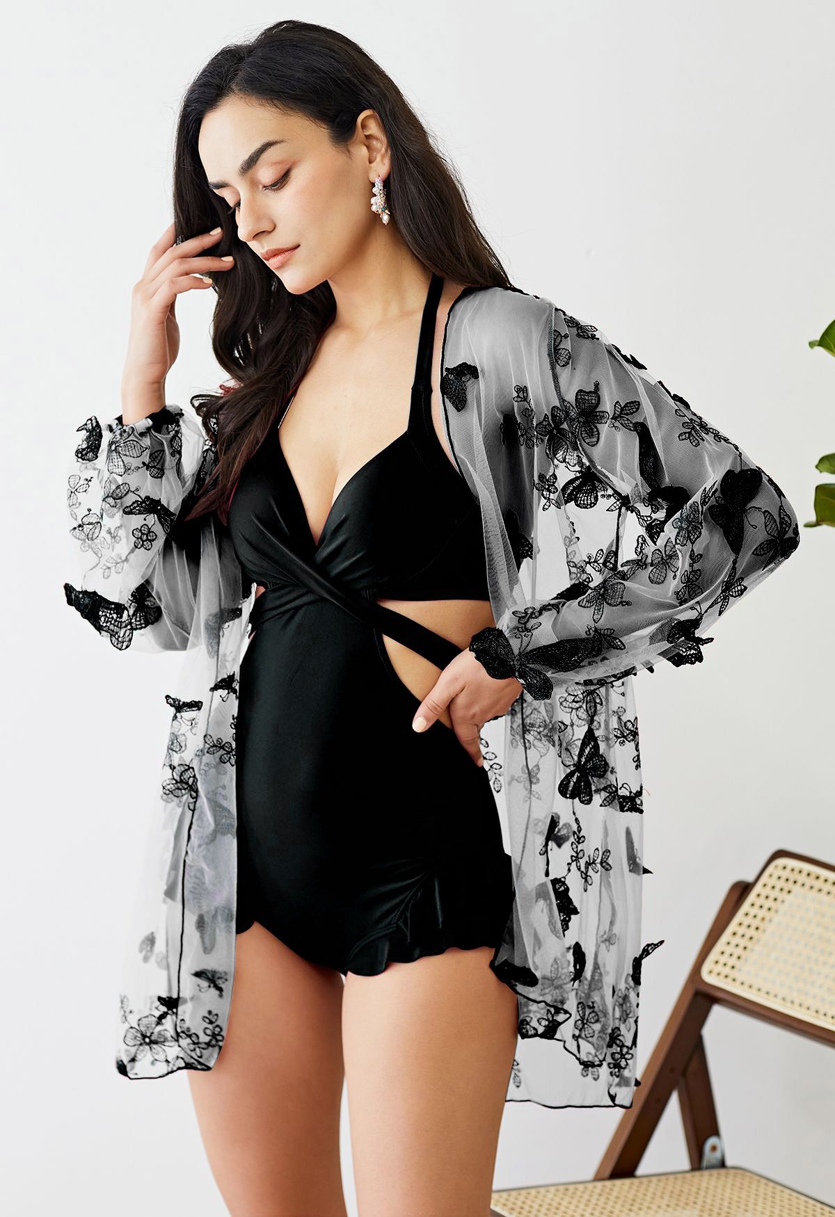 Halter Tied Ruffle Swimsuit with Mesh Kimono in Black