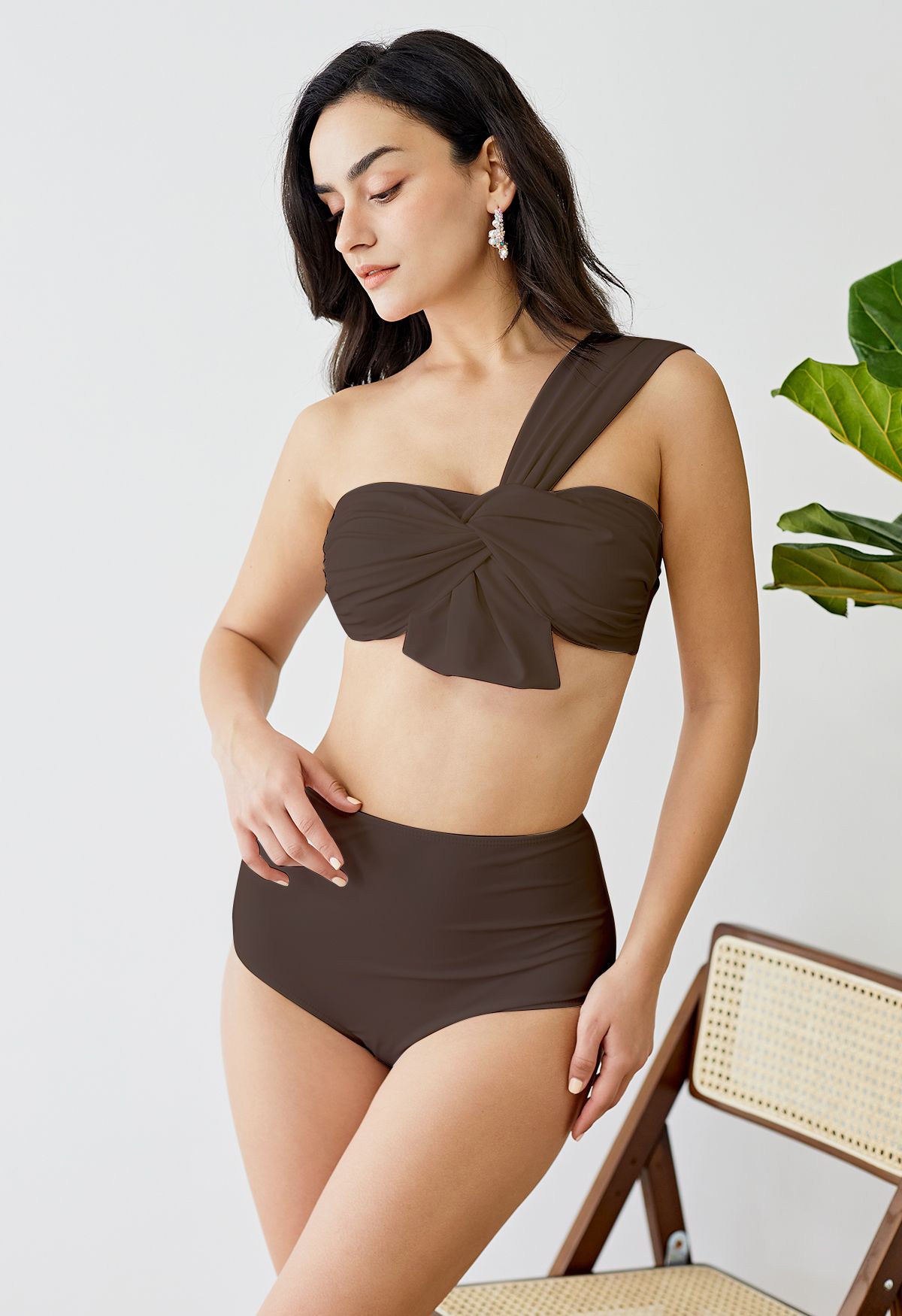 Sweet Knot One-Shoulder Bikini Set in Brown