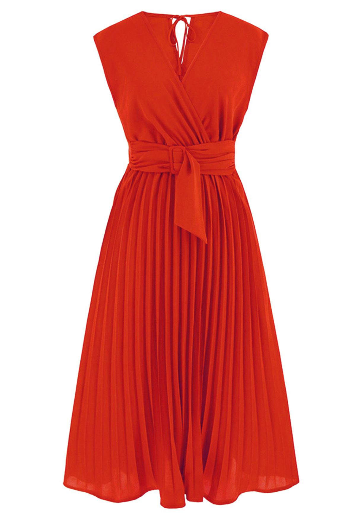 Sash Adorned Pleated Wrap Sleeveless Dress in Orange