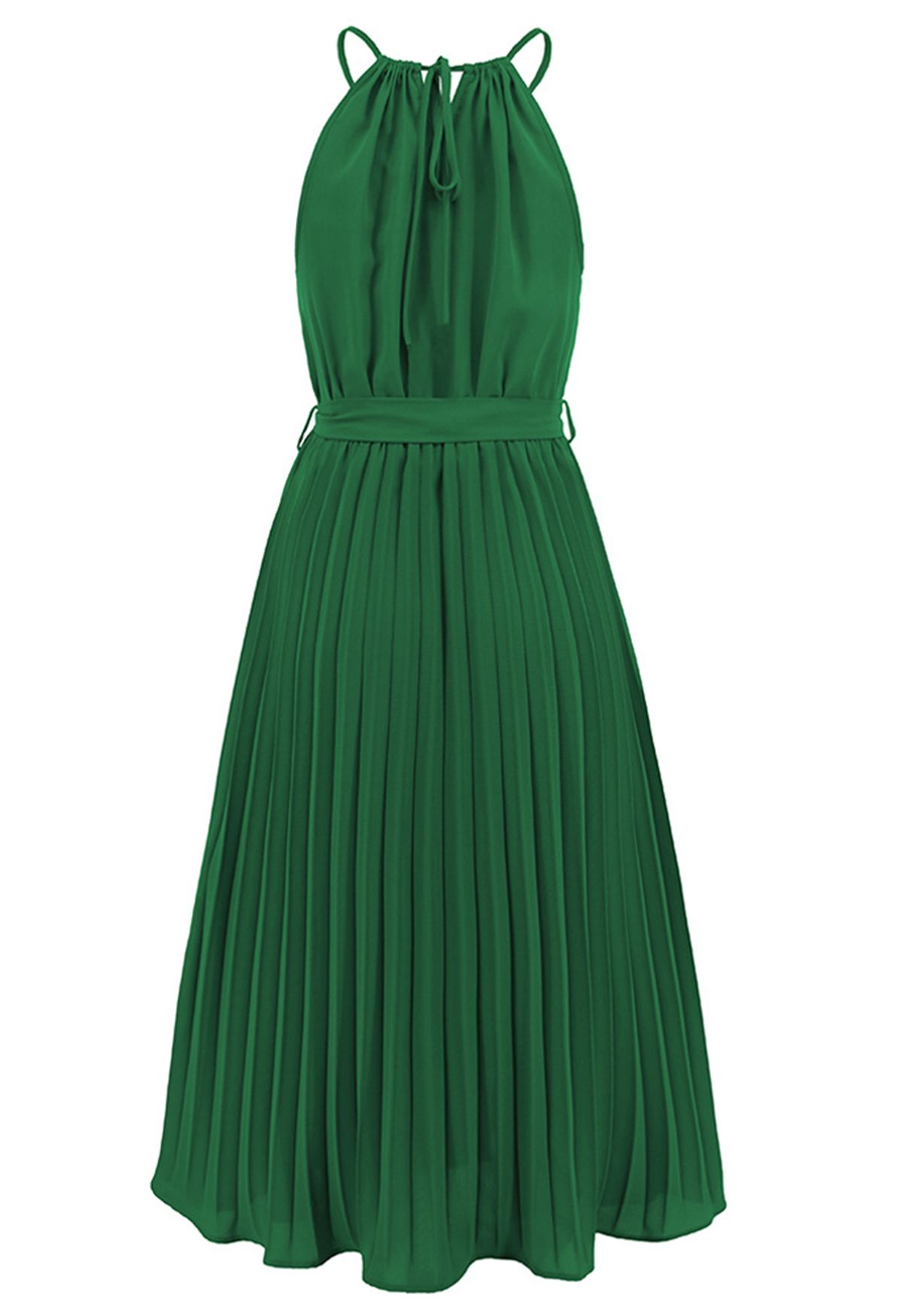 Halter Neck Tie Waist Pleated Dress in Green