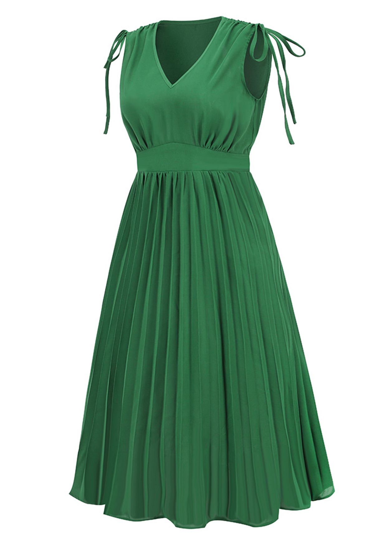 Tie-String Pleated Sleeveless Midi Dress in Green