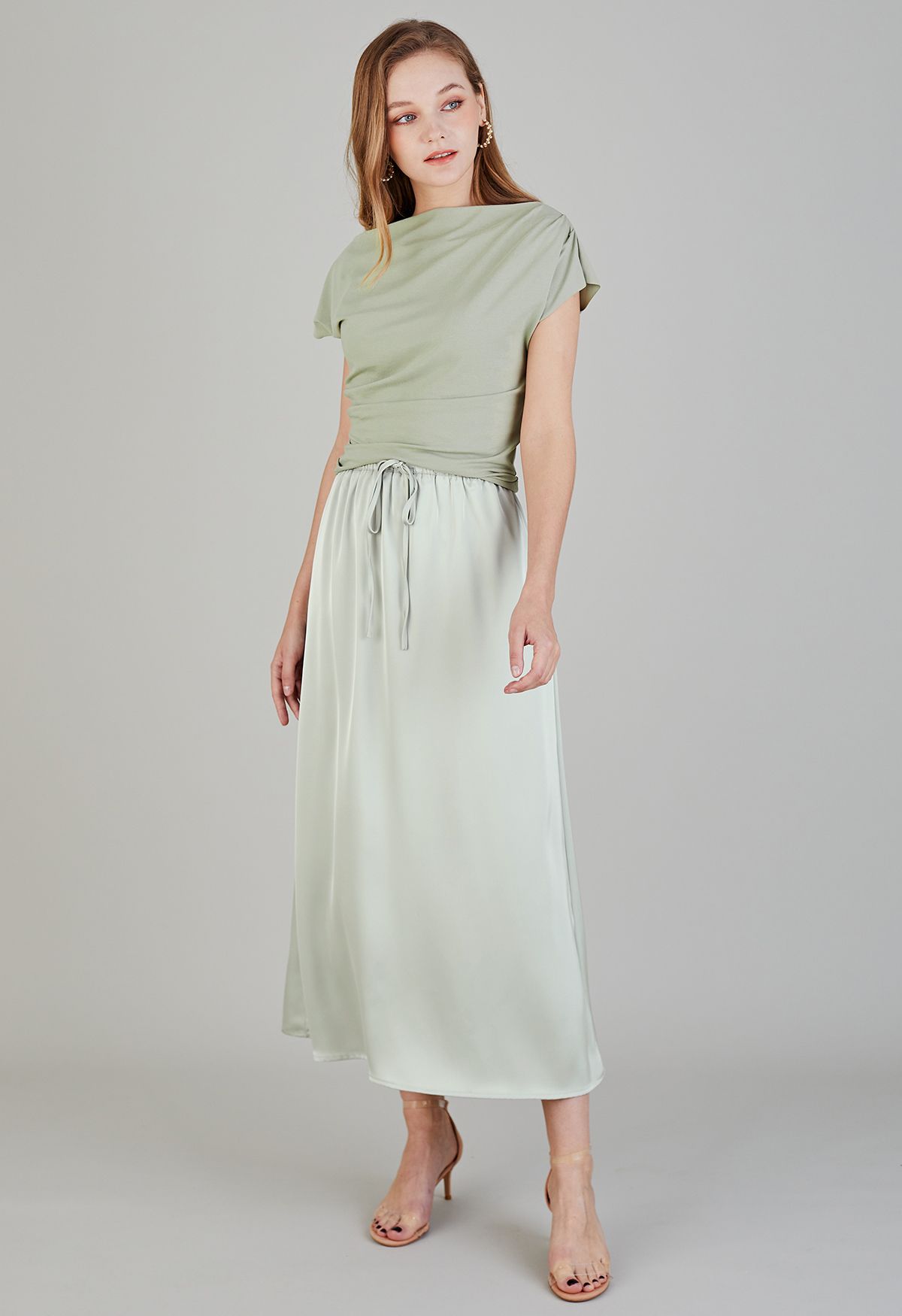 Elastic Drawstring Waist Satin Maxi Skirt in Mint