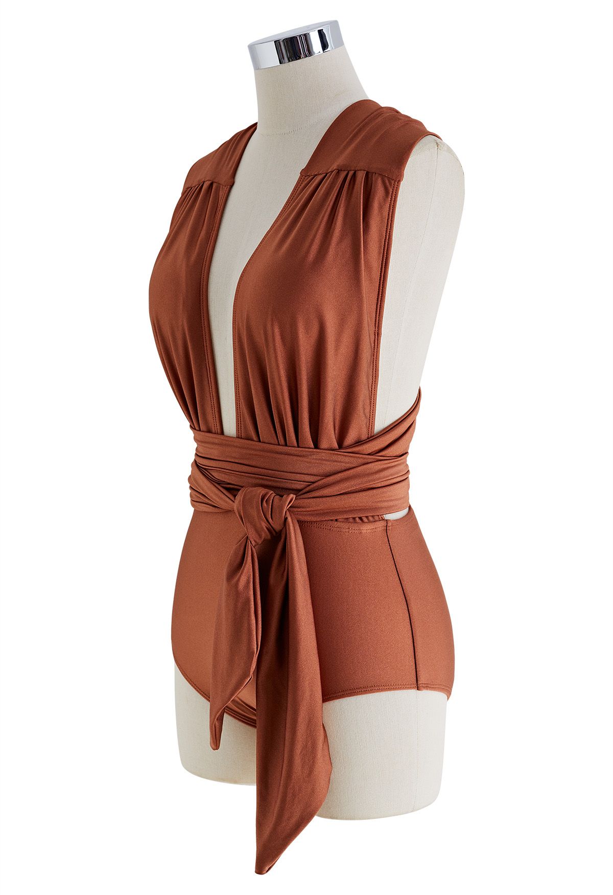Lace-Up Deep V-Neck One-Piece Swimsuit in Caramel