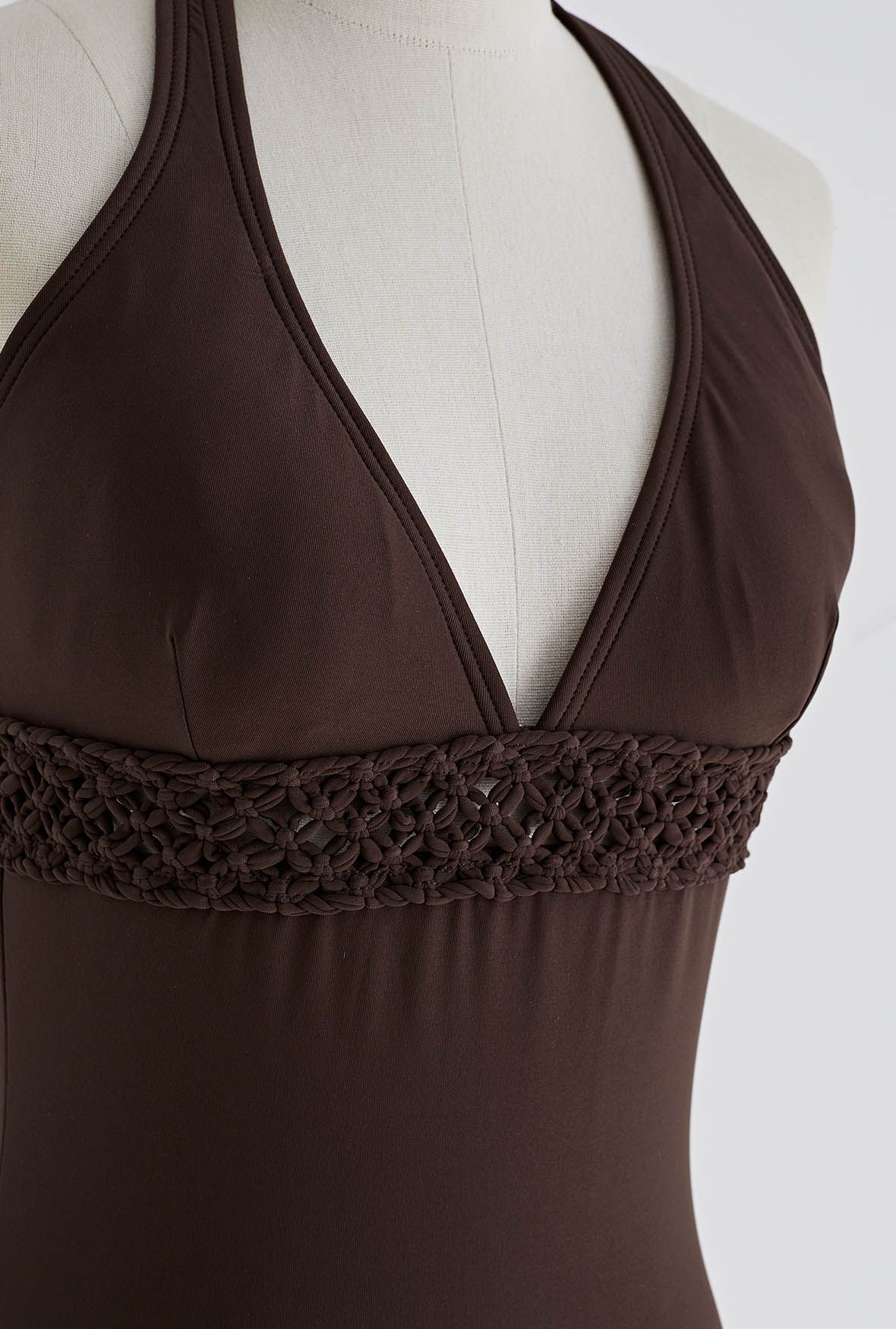 Deep-V Braided Hollow Out Waist Swimsuit in Brown