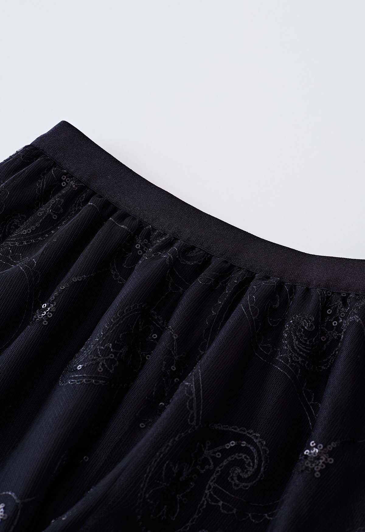 Sequined Embroidered Paisley Mesh Midi Skirt in Black