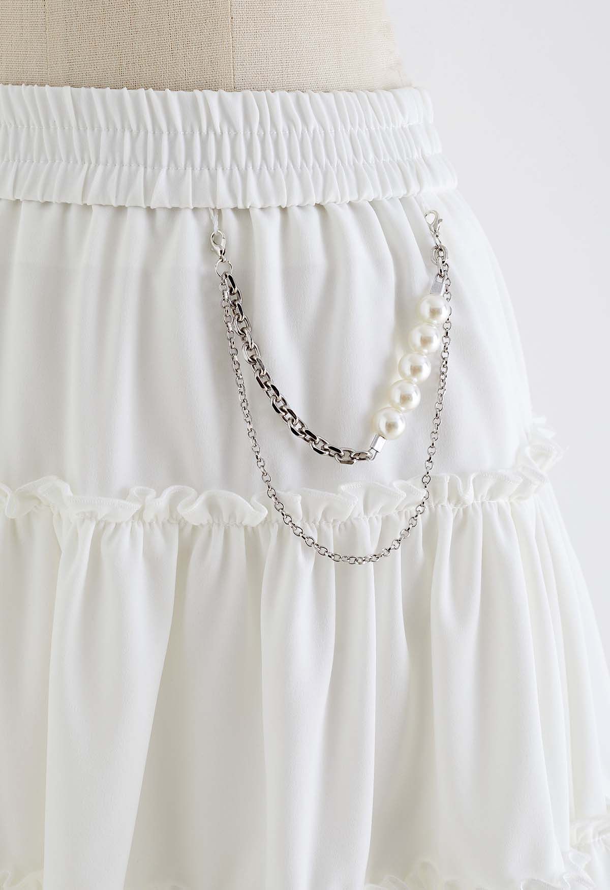 Pearl Chain Ruffle Detail Frilling Skirt in White