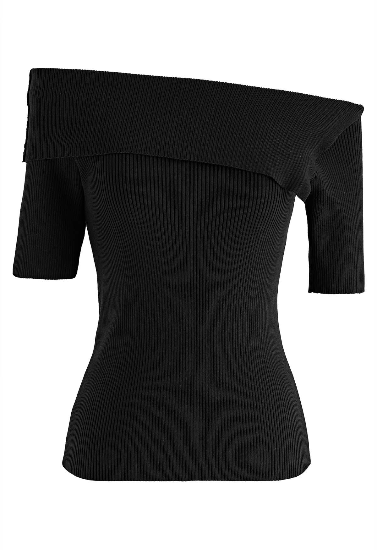 Folded Off-Shoulder Short-Sleeve Knit Top in Black