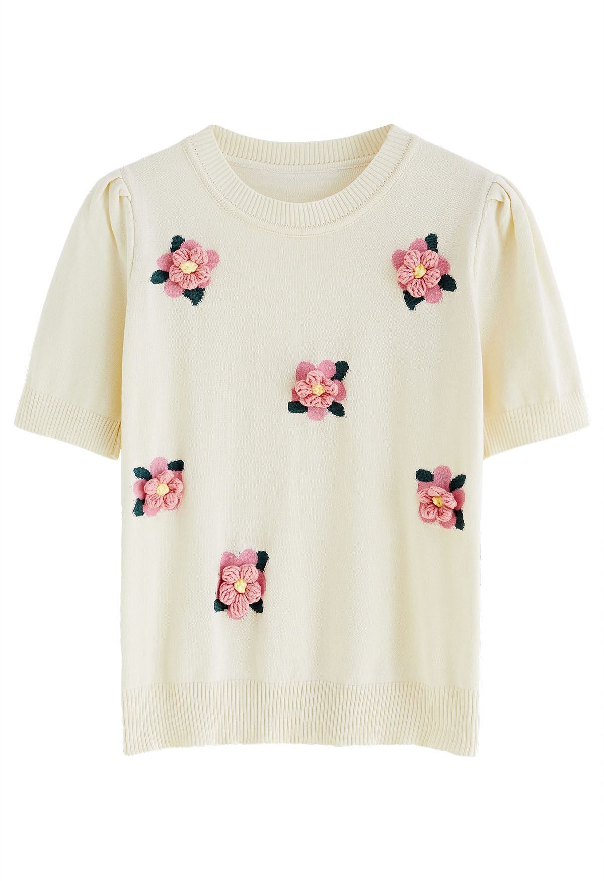 Pink Stitch Flower Short Sleeve Knit Top in Cream