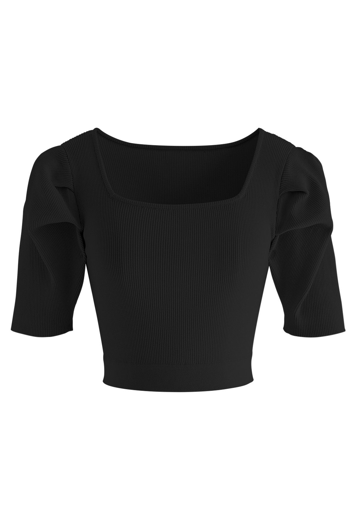 Square Neck Puff Shoulder Knit Crop Top in Black