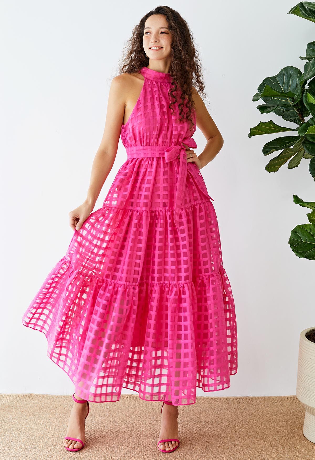 Check Halter Neck Tie Waist Maxi Dress in Hot Pink